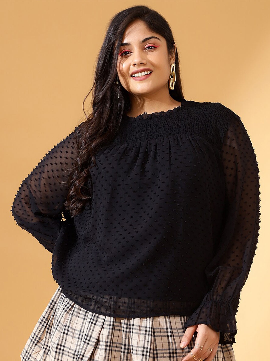 

CURVE BY KASSUALLY Black Self Design Puff Sleeves Smocking Georgette Top
