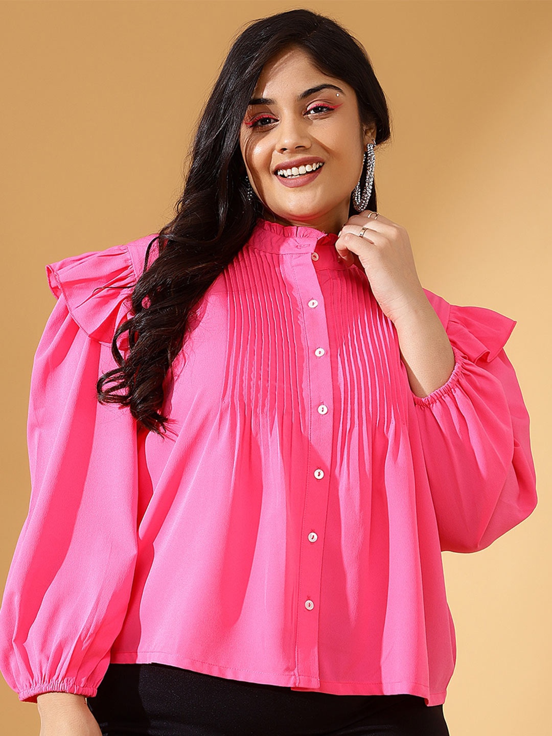 

CURVE BY KASSUALLY Mandarin Collar Puff Sleeve Boxy Top, Pink