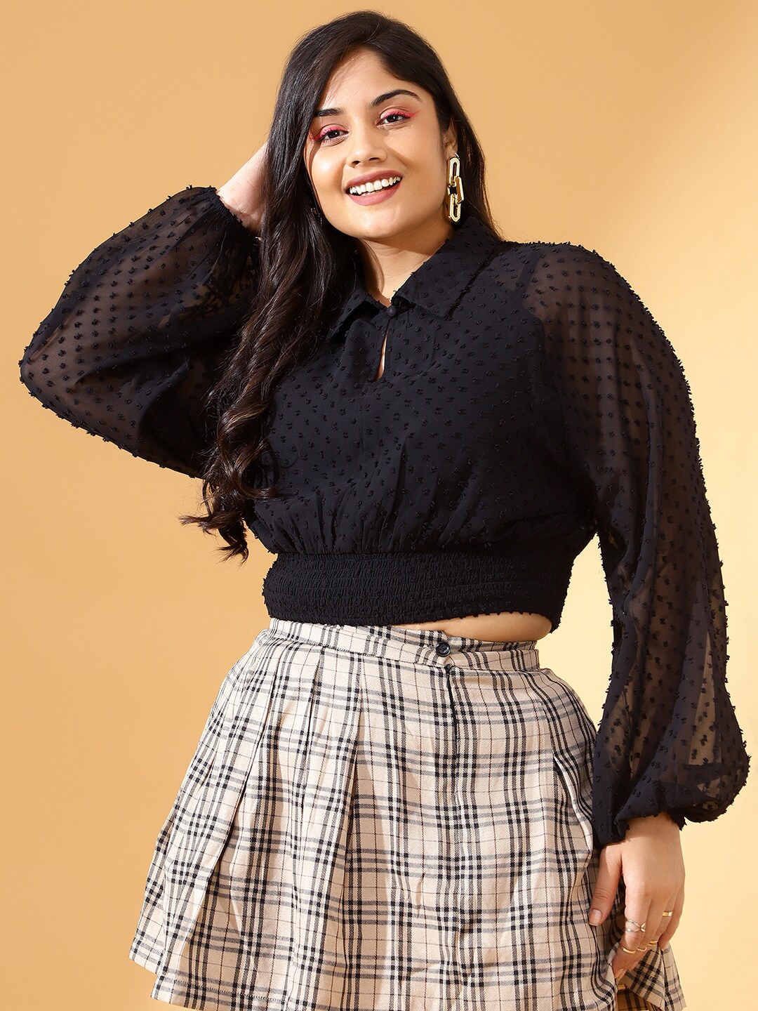 

CURVE BY KASSUALLY Plus Size Black Self Design Georgette Shirt Style Top