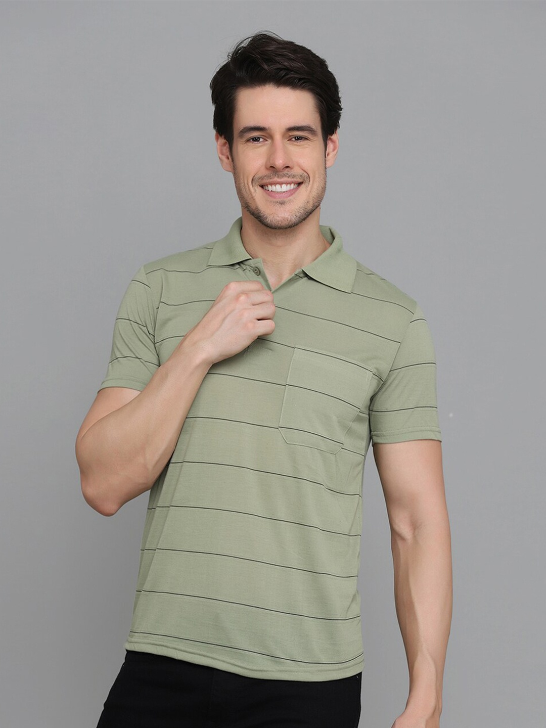 

INKKR Striped Polo Collar T-shirt, Green