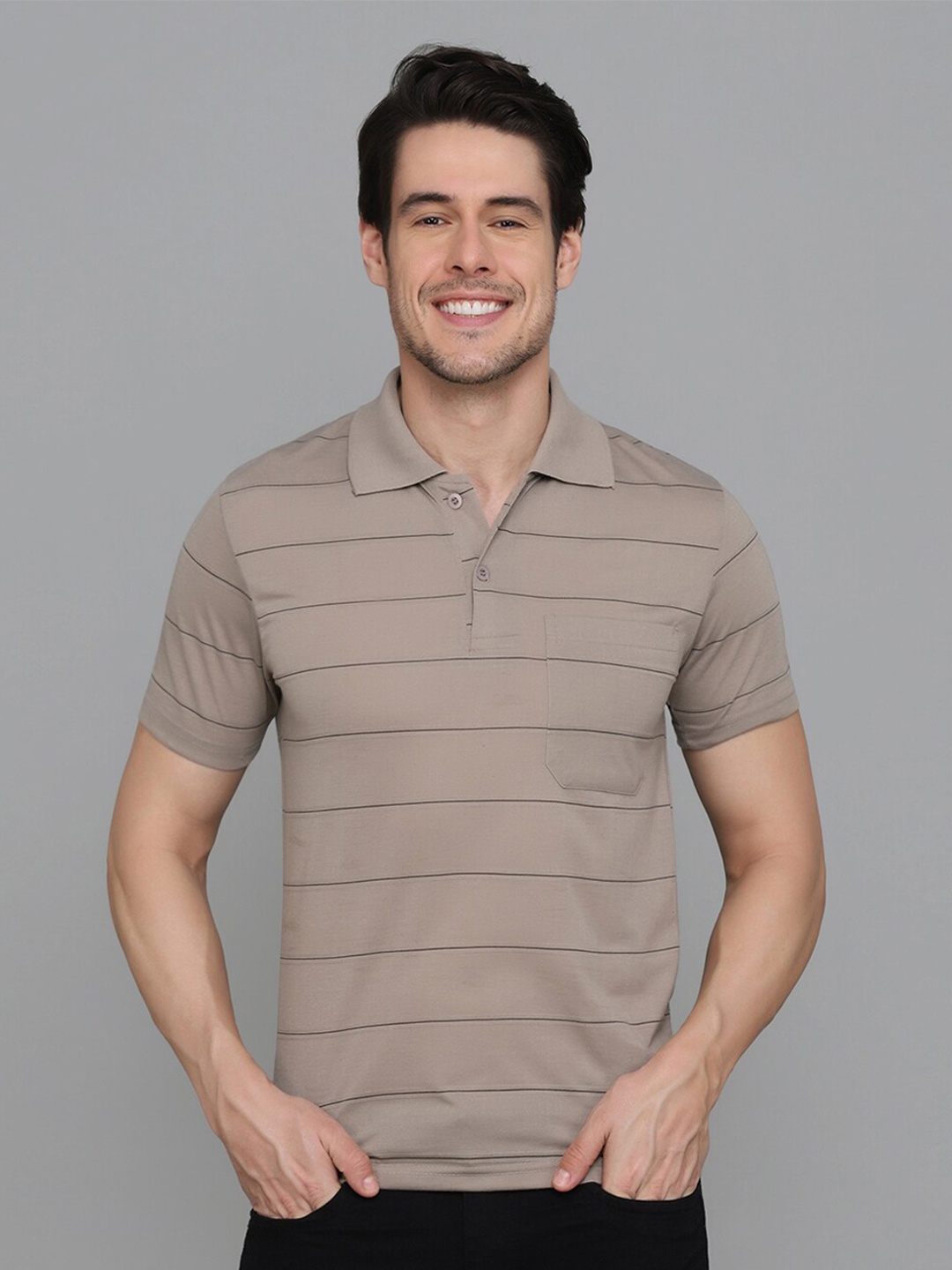

INKKR Striped Polo Collar T-shirt, Taupe