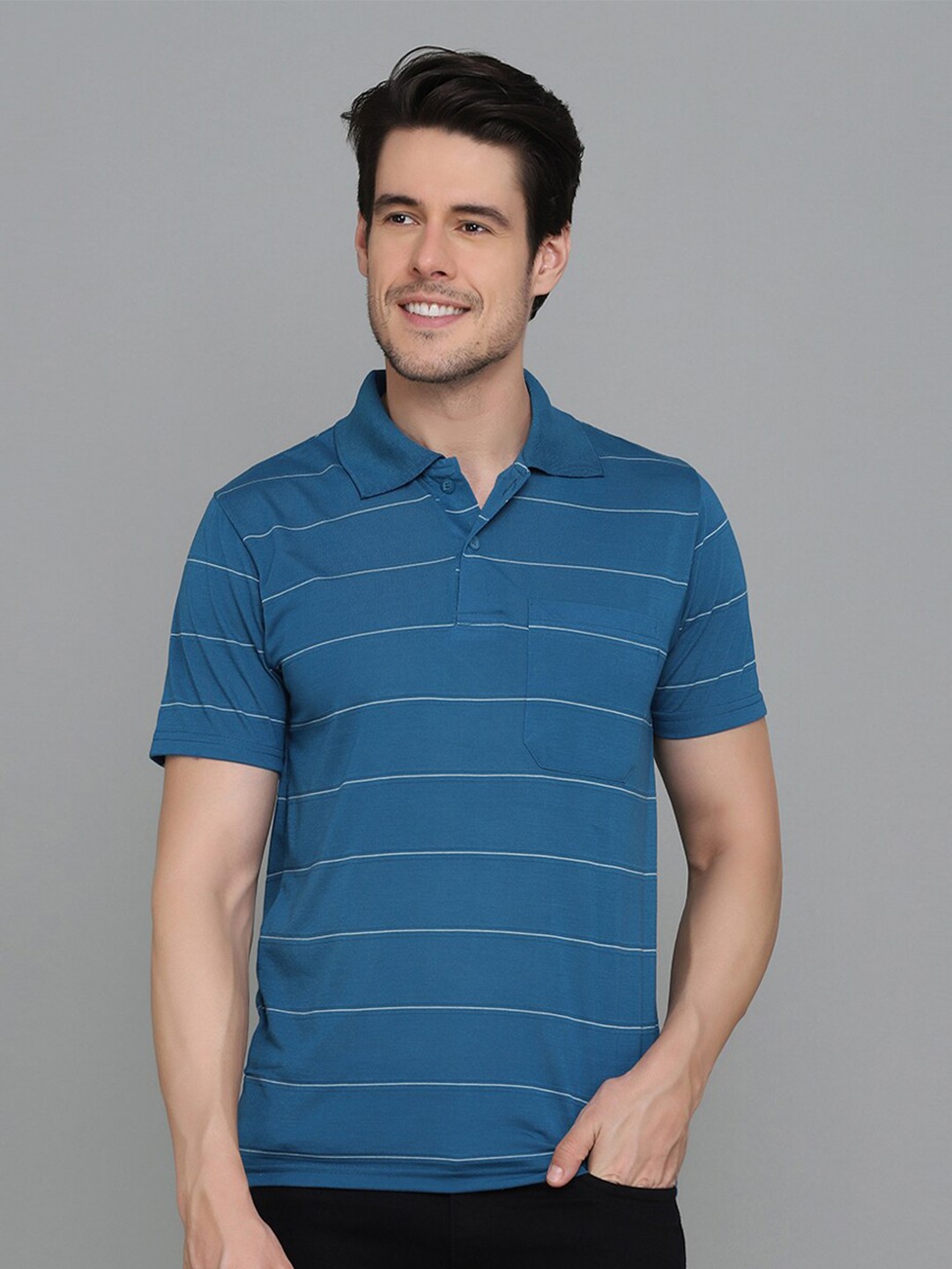 

INKKR Striped Polo Collar T-shirt, Blue