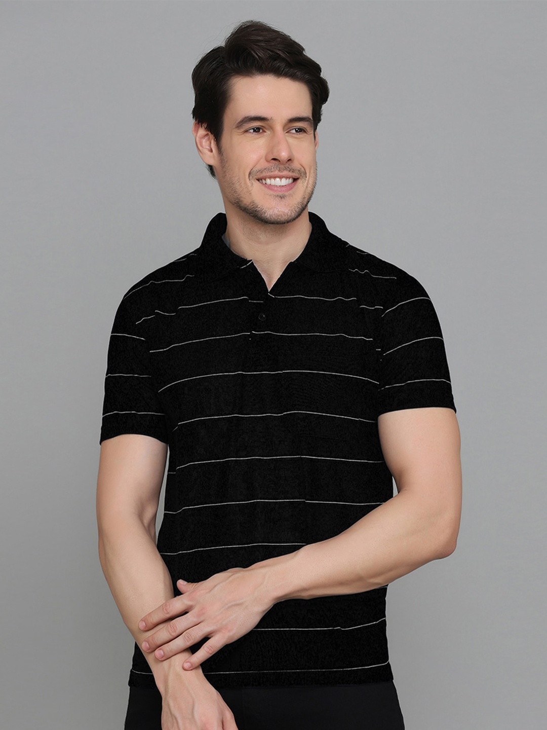 

INKKR Striped Polo Collar T-shirt, Black