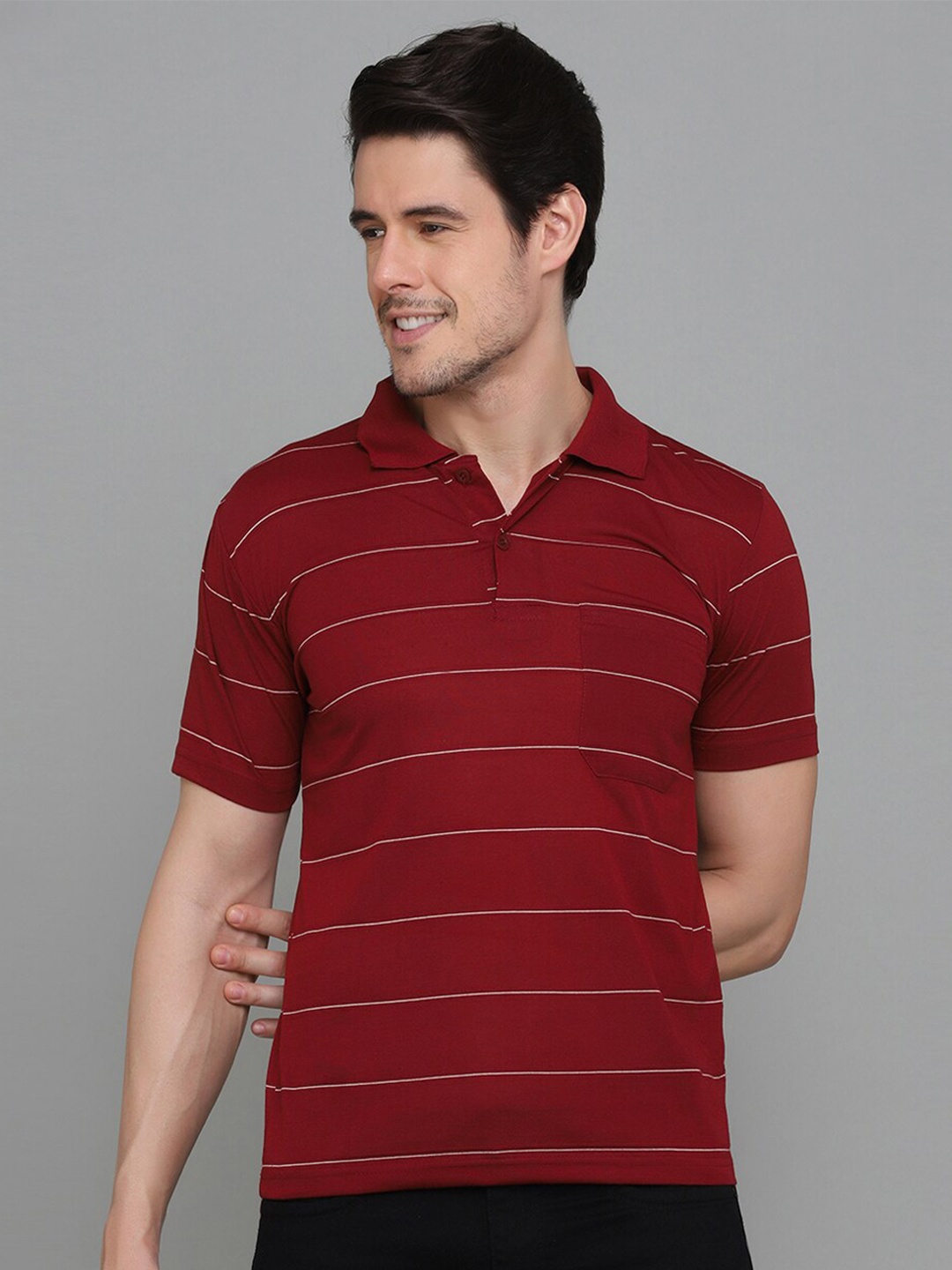 

INKKR Striped Polo Collar T-shirt, Maroon