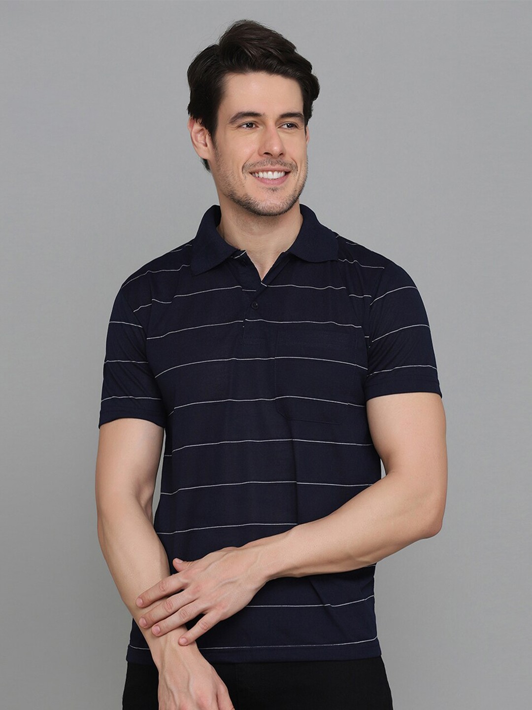 

INKKR Striped Polo Collar T-shirt, Black
