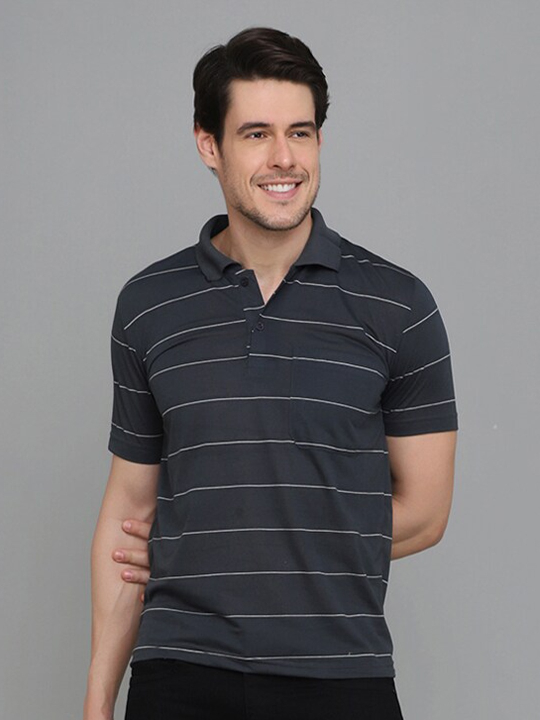 

INKKR Striped Polo Collar T-shirt, Grey