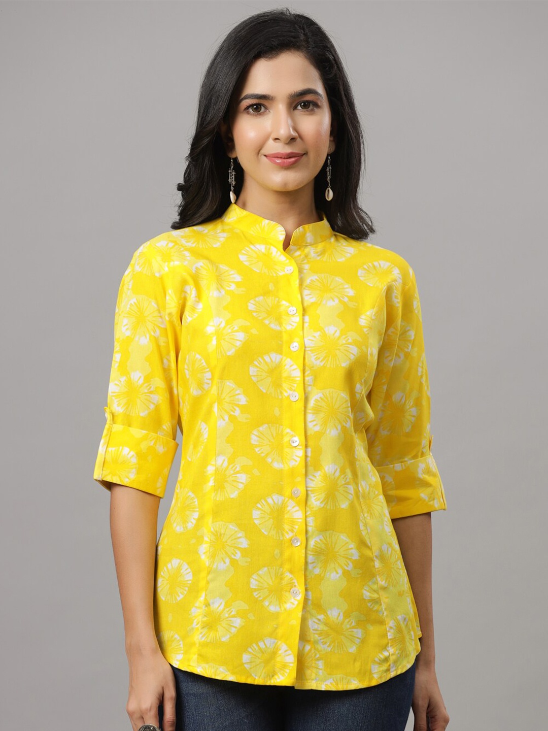 

Indian Virasat Comfort Floral Printed Mandarin Collar Casual Cotton Shirt, Yellow