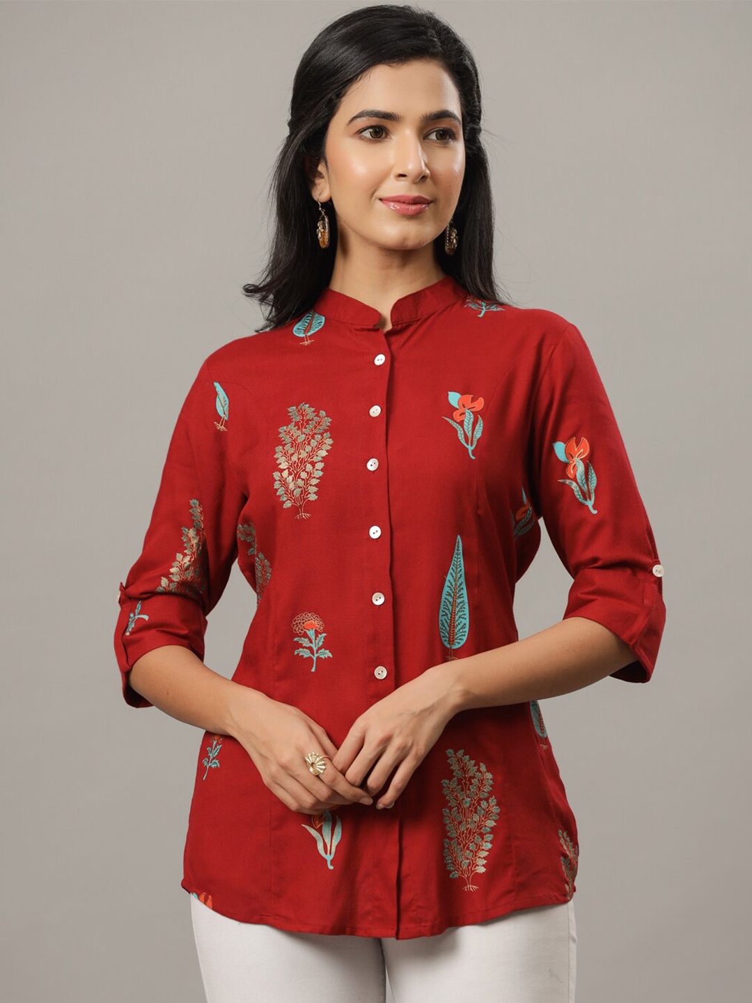 

Indian Virasat Comfort Floral Printed Mandarin Collar Casual Shirt, Red