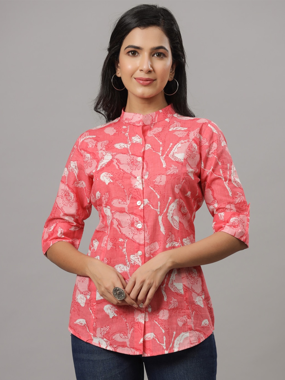 

Indian Virasat Mandarin Collar Comfort Floral Opaque Printed Casual Shirt, Peach