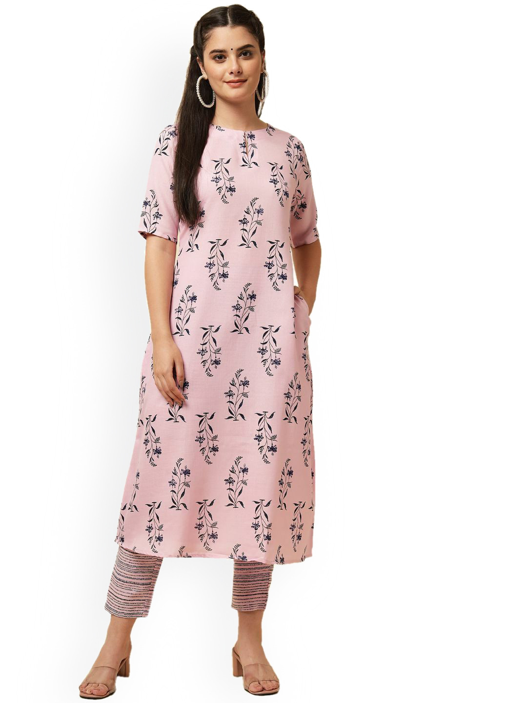 

THE FAB FACTORY Floral Printed Pure Cotton Kurta with Trousers, Pink