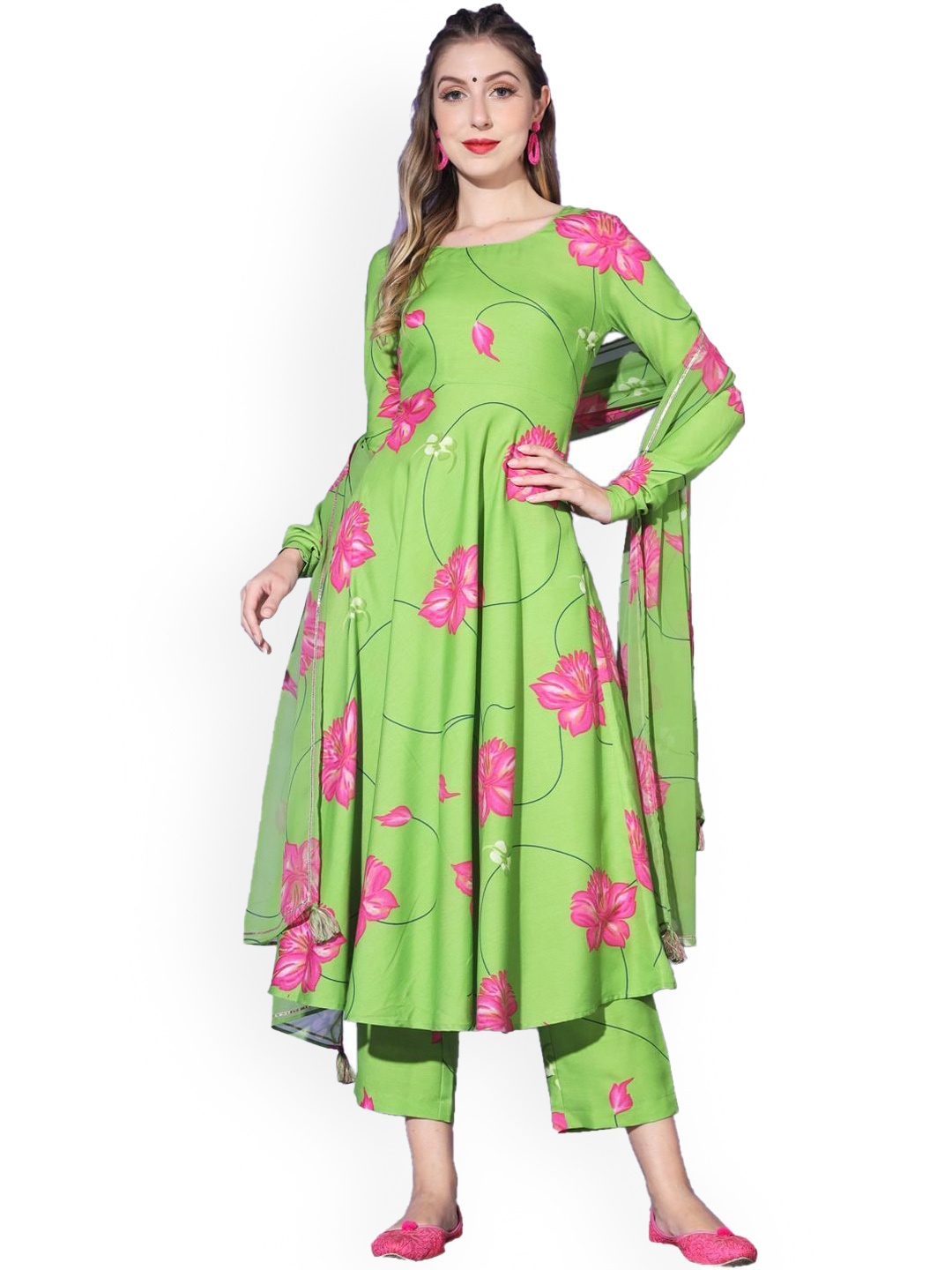 

THE FAB FACTORY Floral Printed Regular Pure Cotton Kurta With Trousers & Dupatta, Green