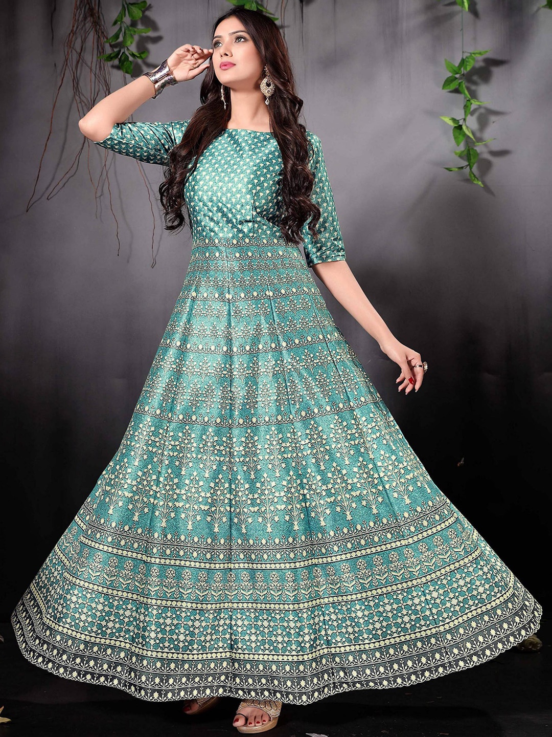 

Zeel Clothing Ethnic Motifs Printed Panelled Maxi Gown, Sea green