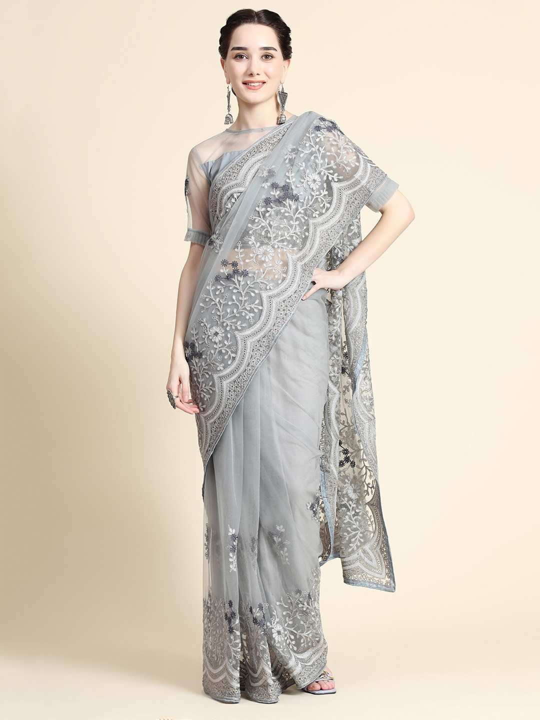 

Mitera Grey Floral Embroidered Net Saree