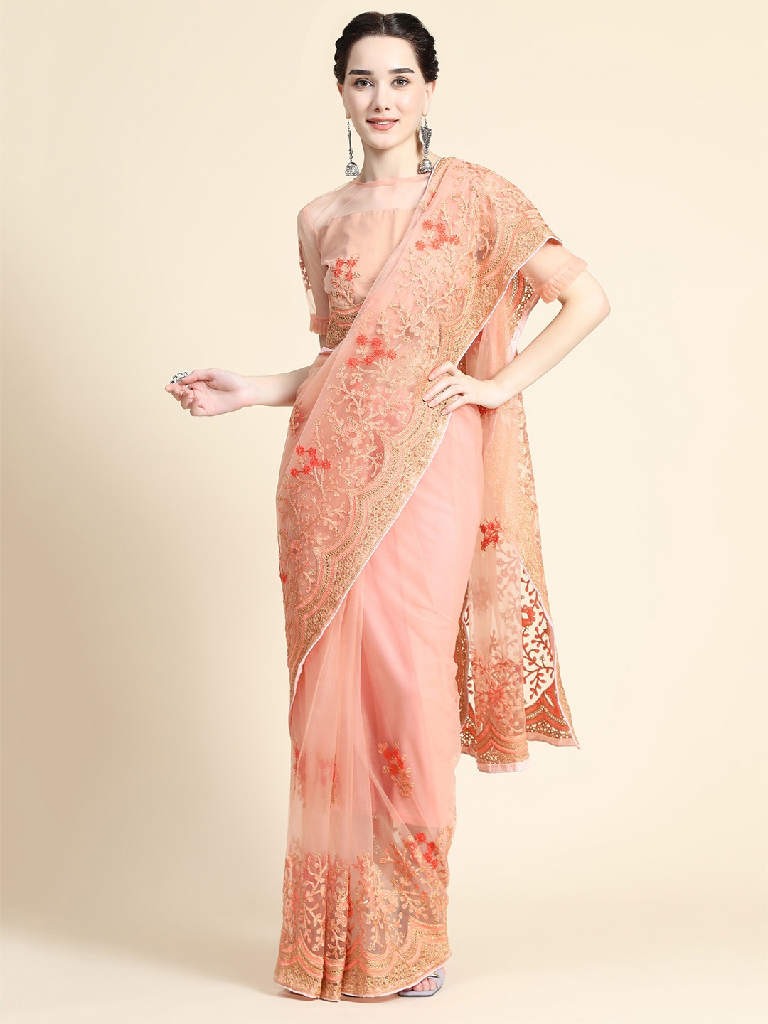 

Mitera Orange & Red Floral Embroidered Net Saree