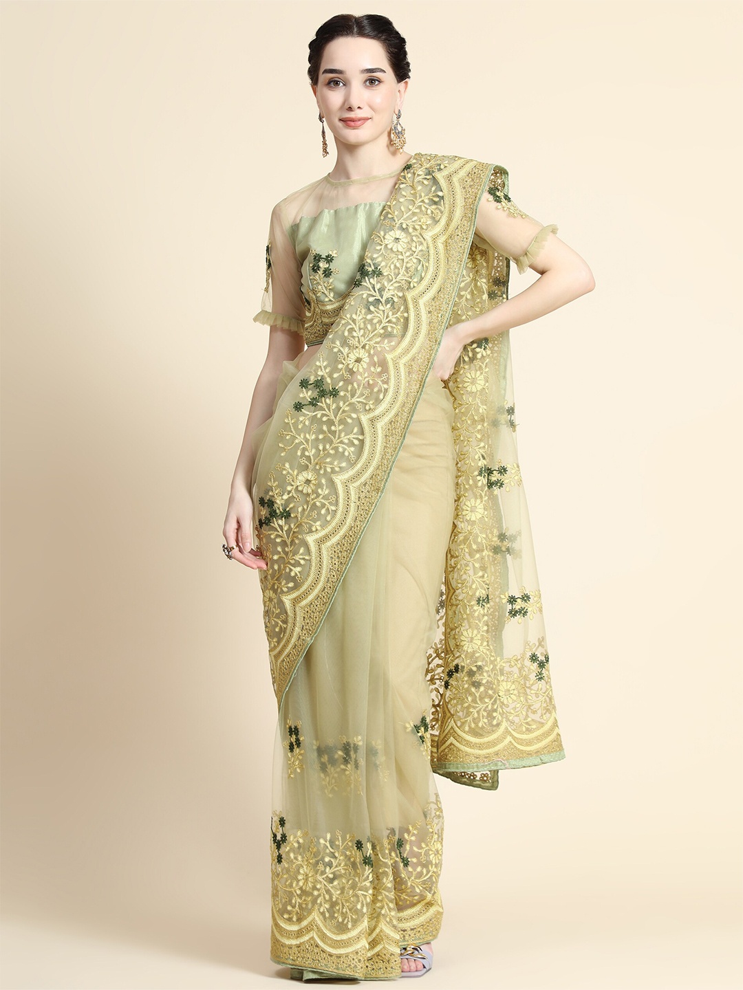 

Mitera Beige & Green Floral Embroidered Net Saree