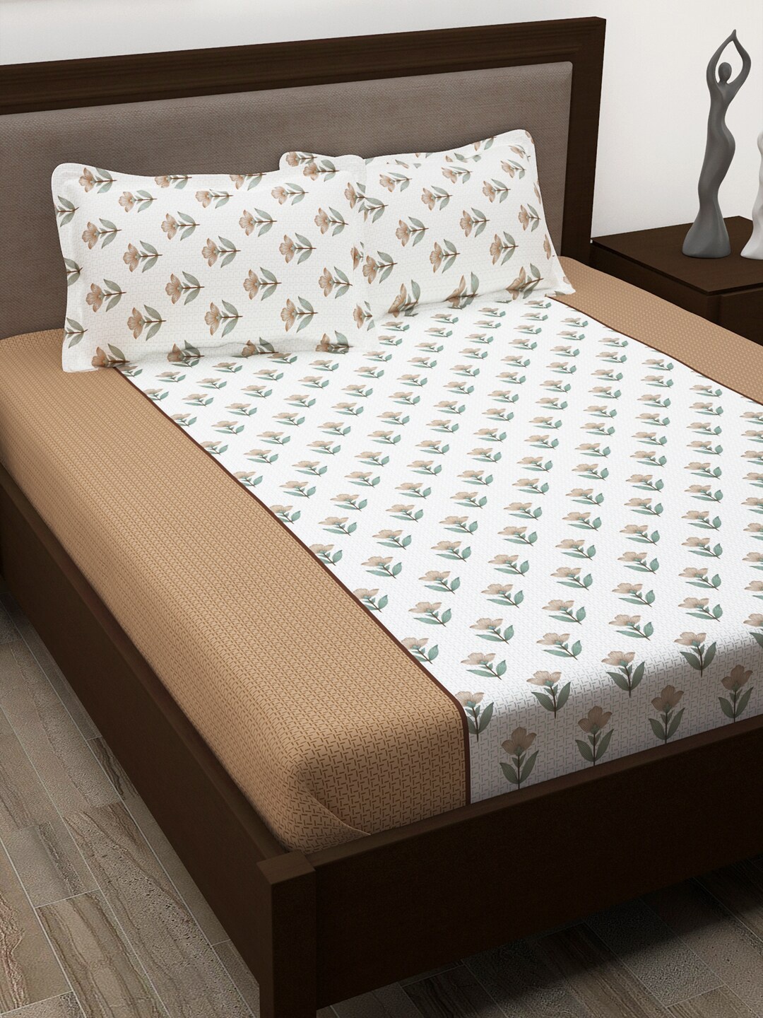 

Story@home White & Brown Floral Cotton 186 TC Queen Bedsheet With 2 Pillow Covers