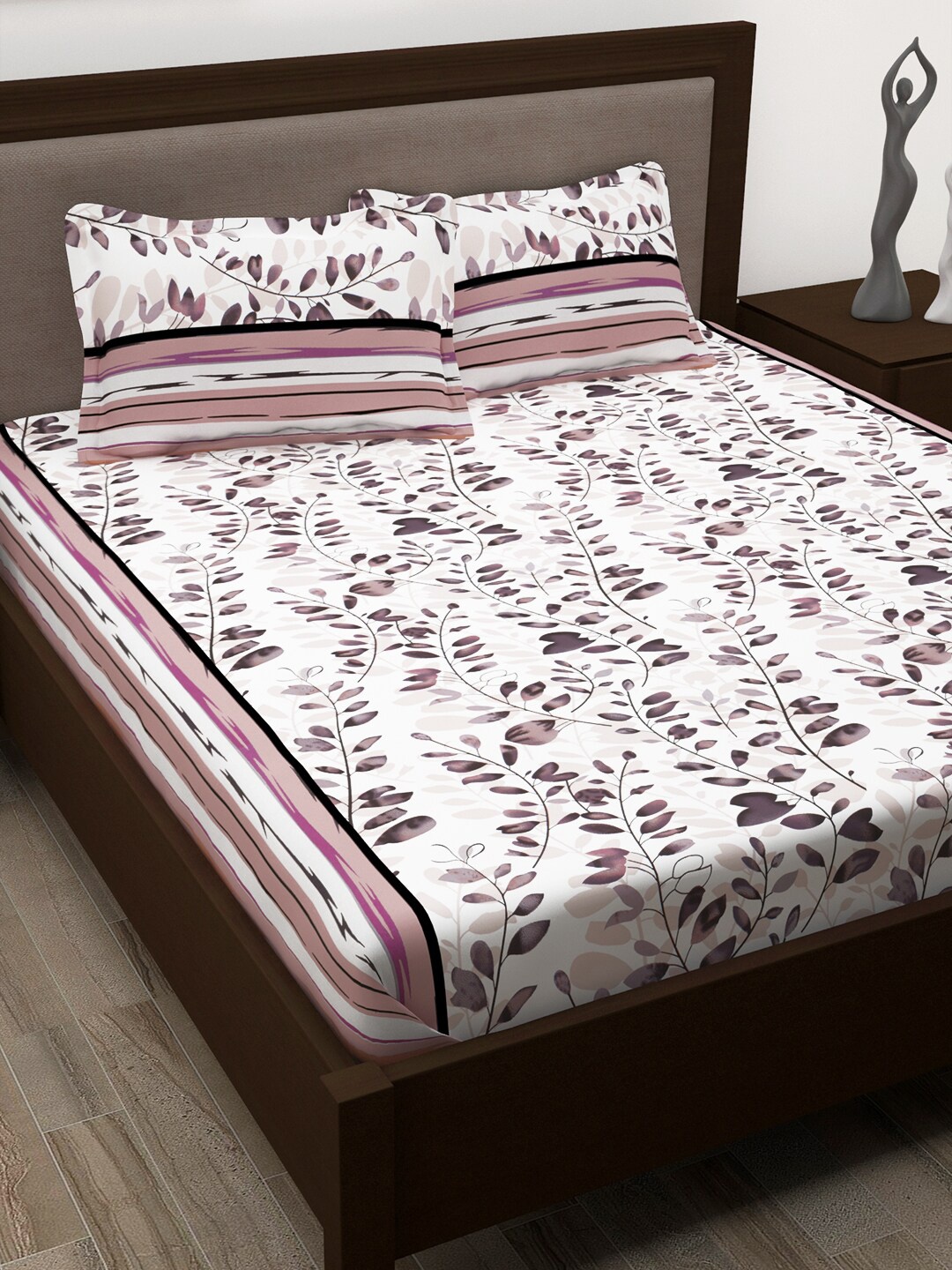 

Story@home White & Mauve Floral Cotton 186 TC Queen Bedsheet With 2 Pillow Covers