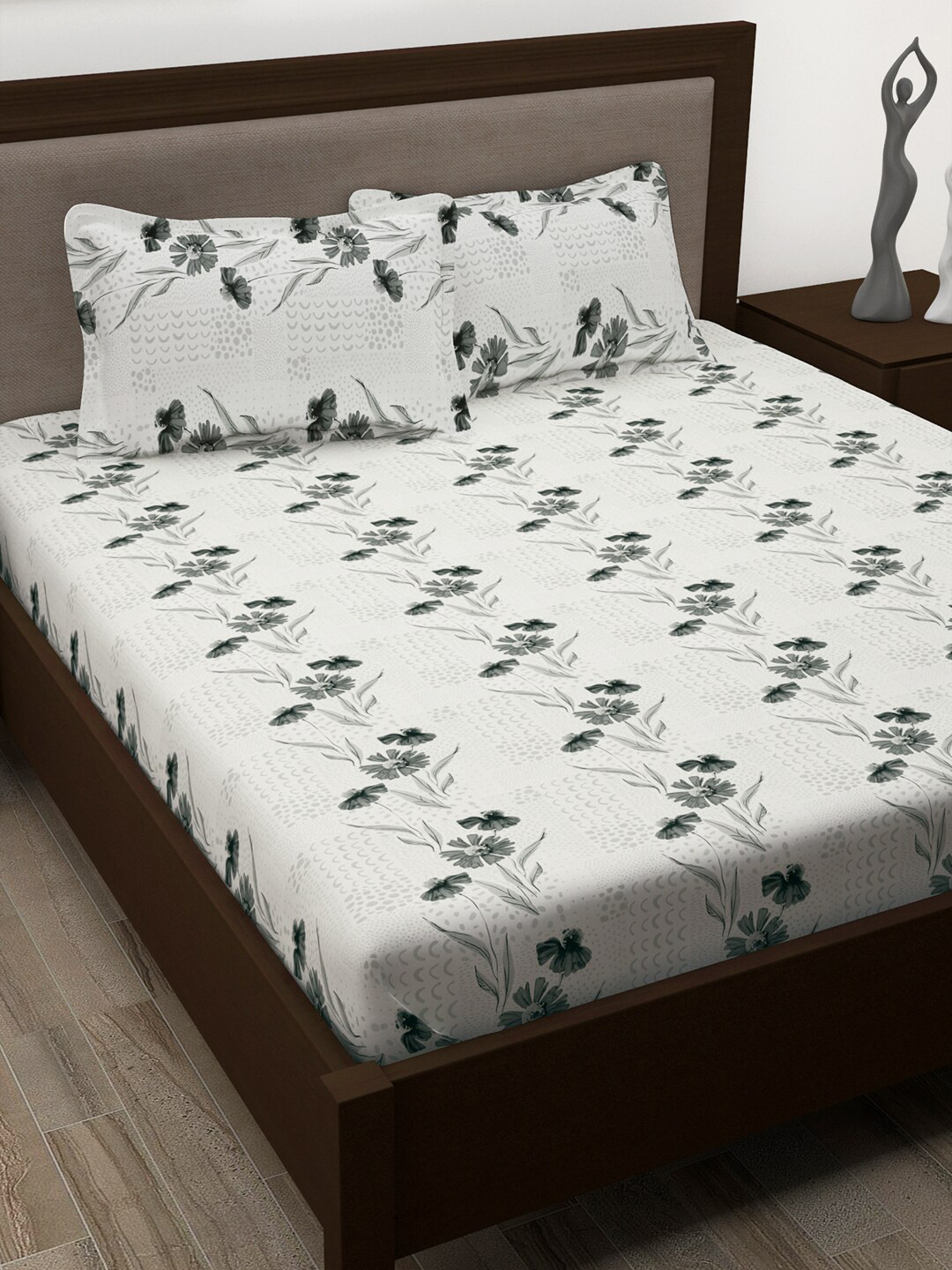 

Story@home Off White & Grey Floral Cotton 186 TC Queen Bedsheet With 2 Pillow Covers