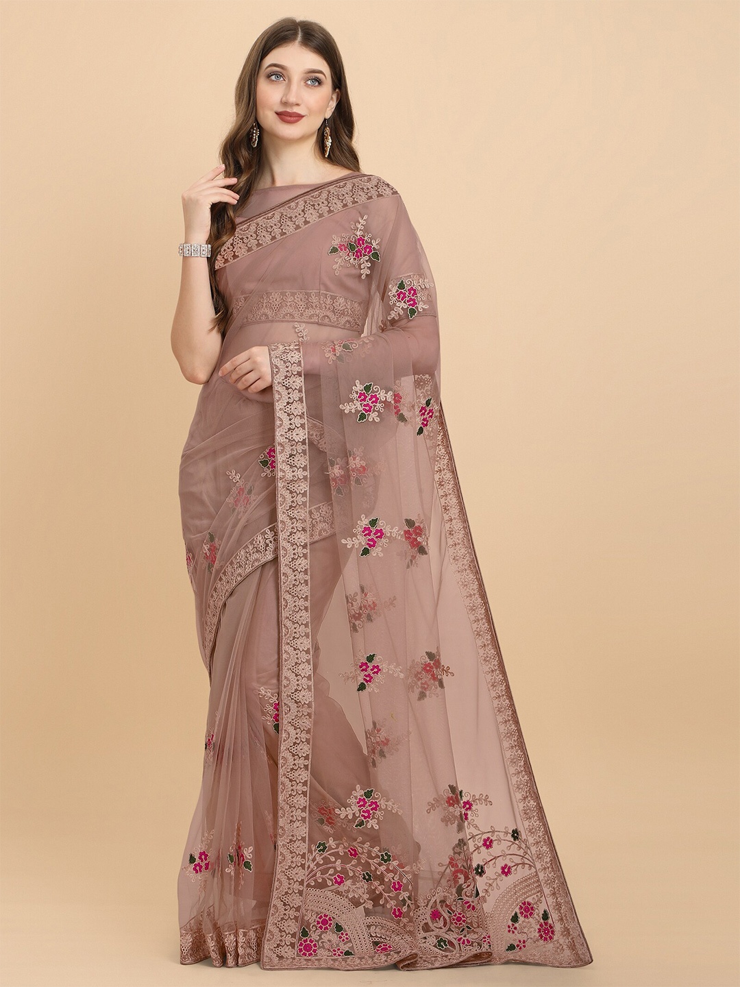 

Mitera Rose Gold & Red Floral Embroidered Net Saree
