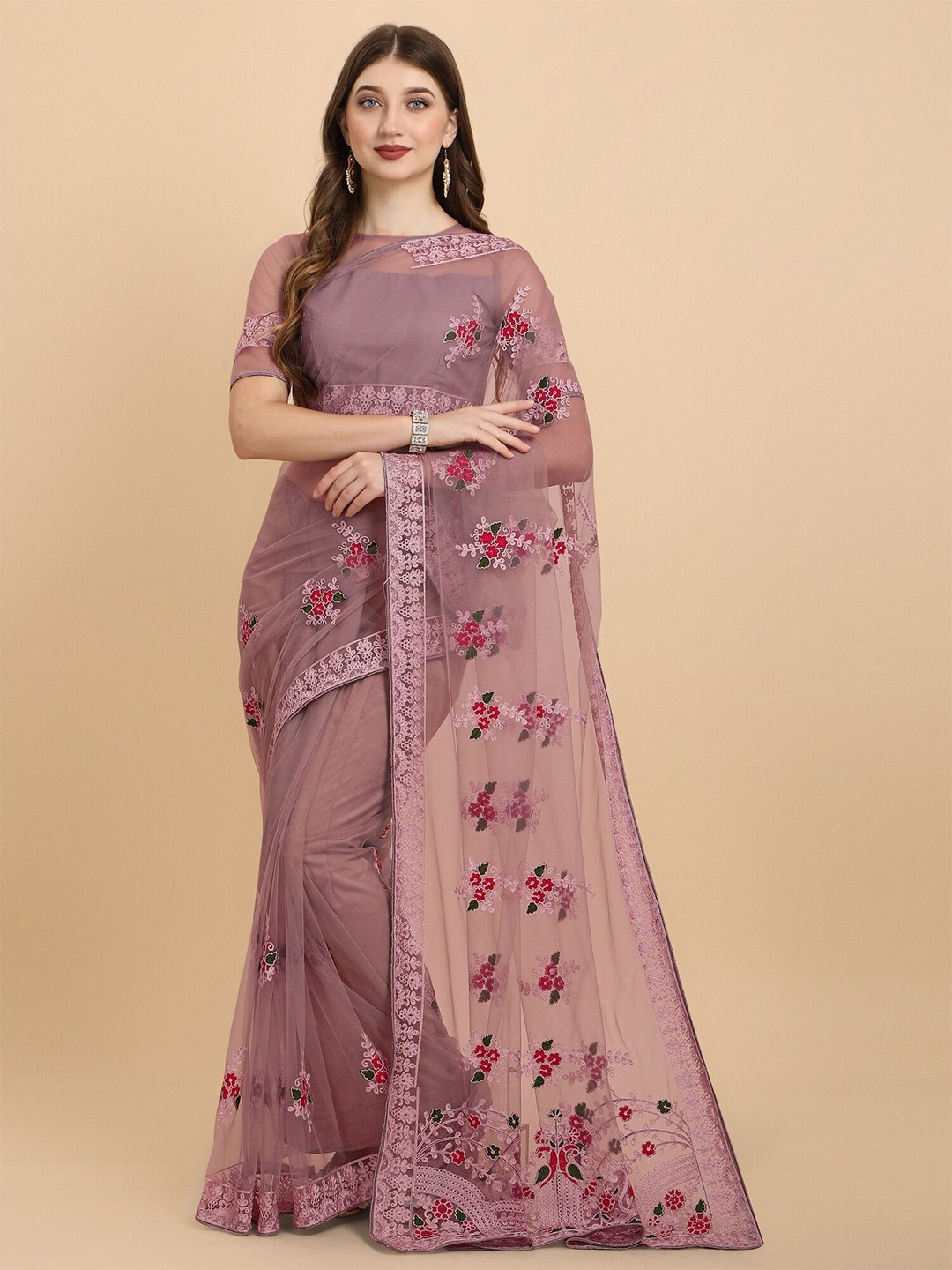 

Mitera Rose Gold & Red Floral Embroidered Net Saree
