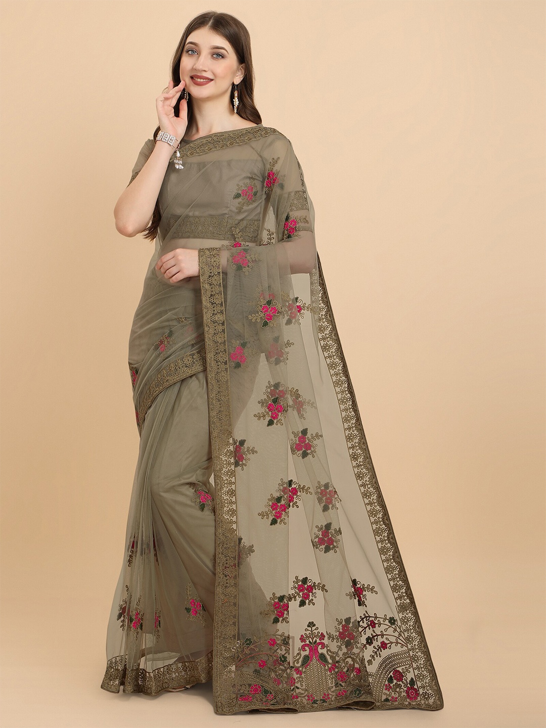 

Mitera Tan & Red Floral Embroidered Net Saree