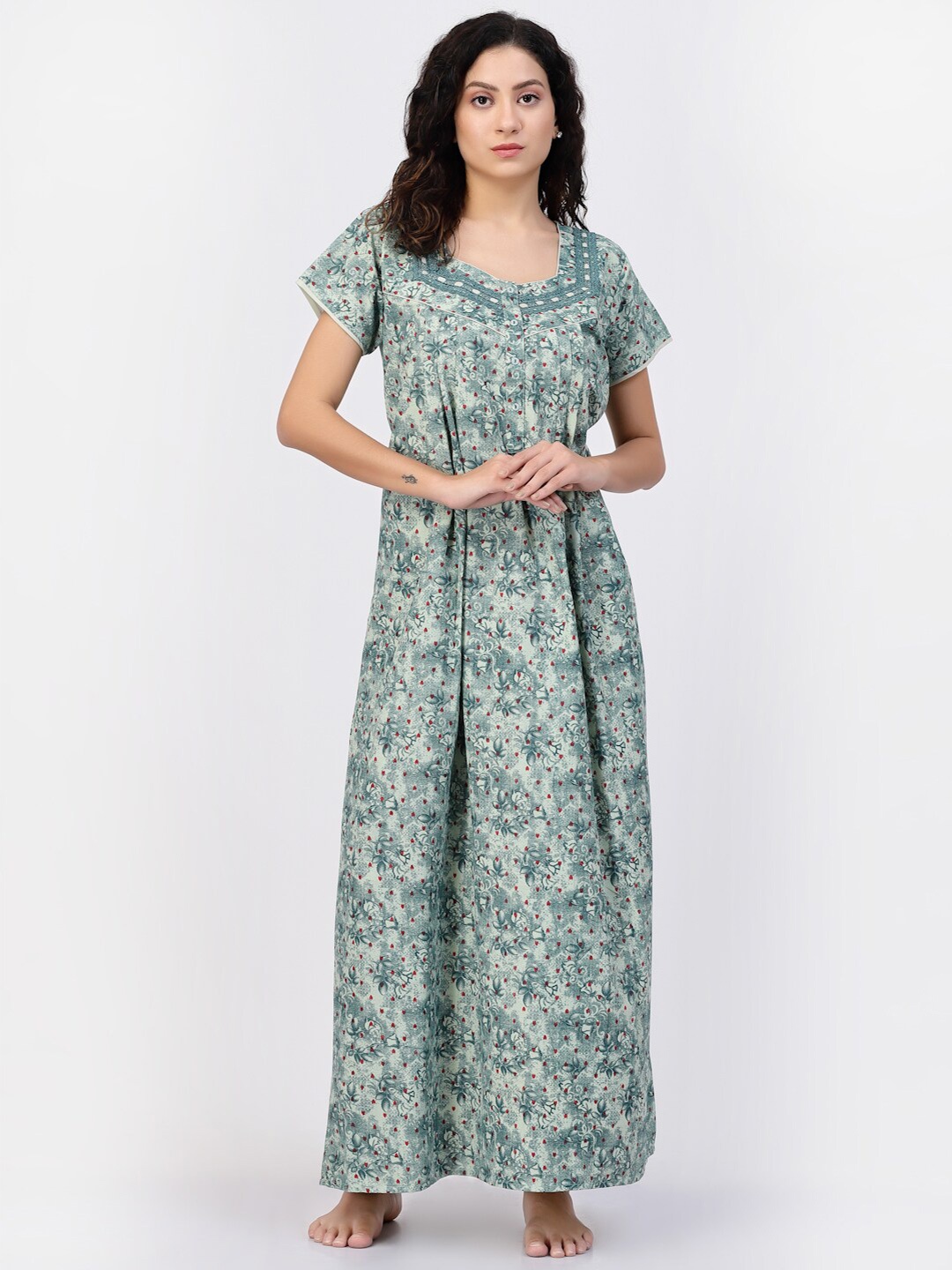 

Sweet Dreams Green Printed Pure Cotton Maxi Nightdress