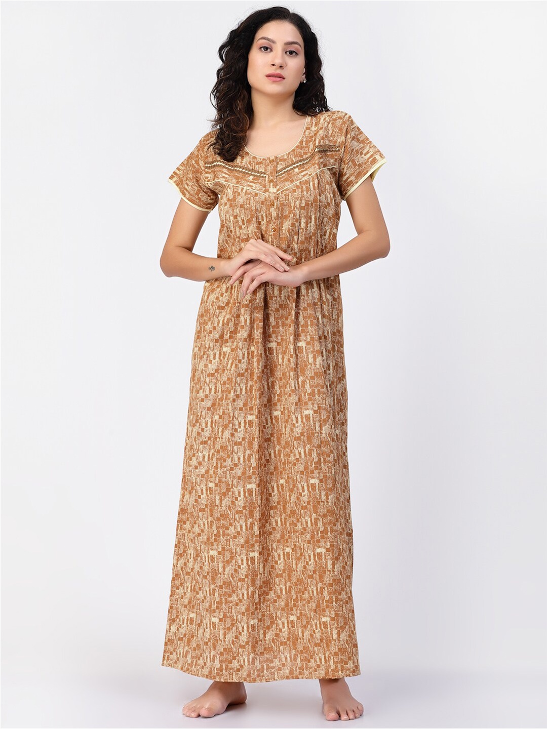 

Sweet Dreams Mustard & Beige Printed Pure Cotton Maxi Nightdress