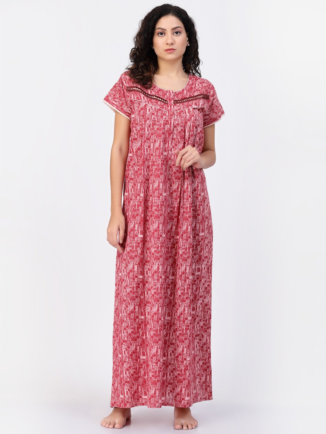 

Sweet Dreams Maroon & White Printed Pure Cotton Maxi Nightdress