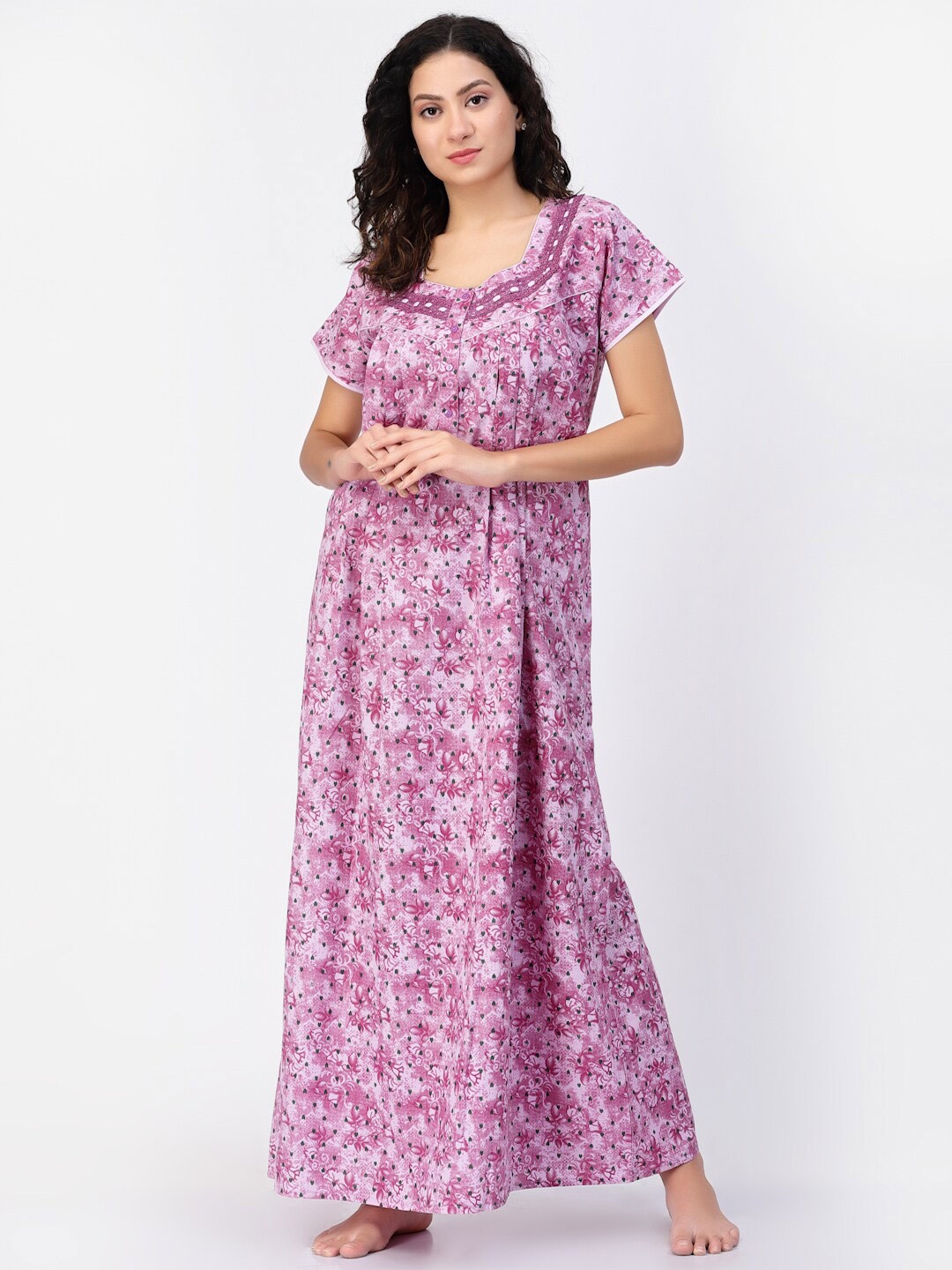 

Sweet Dreams Purple & Green Floral Printed Pure Cotton Maxi Nightdress