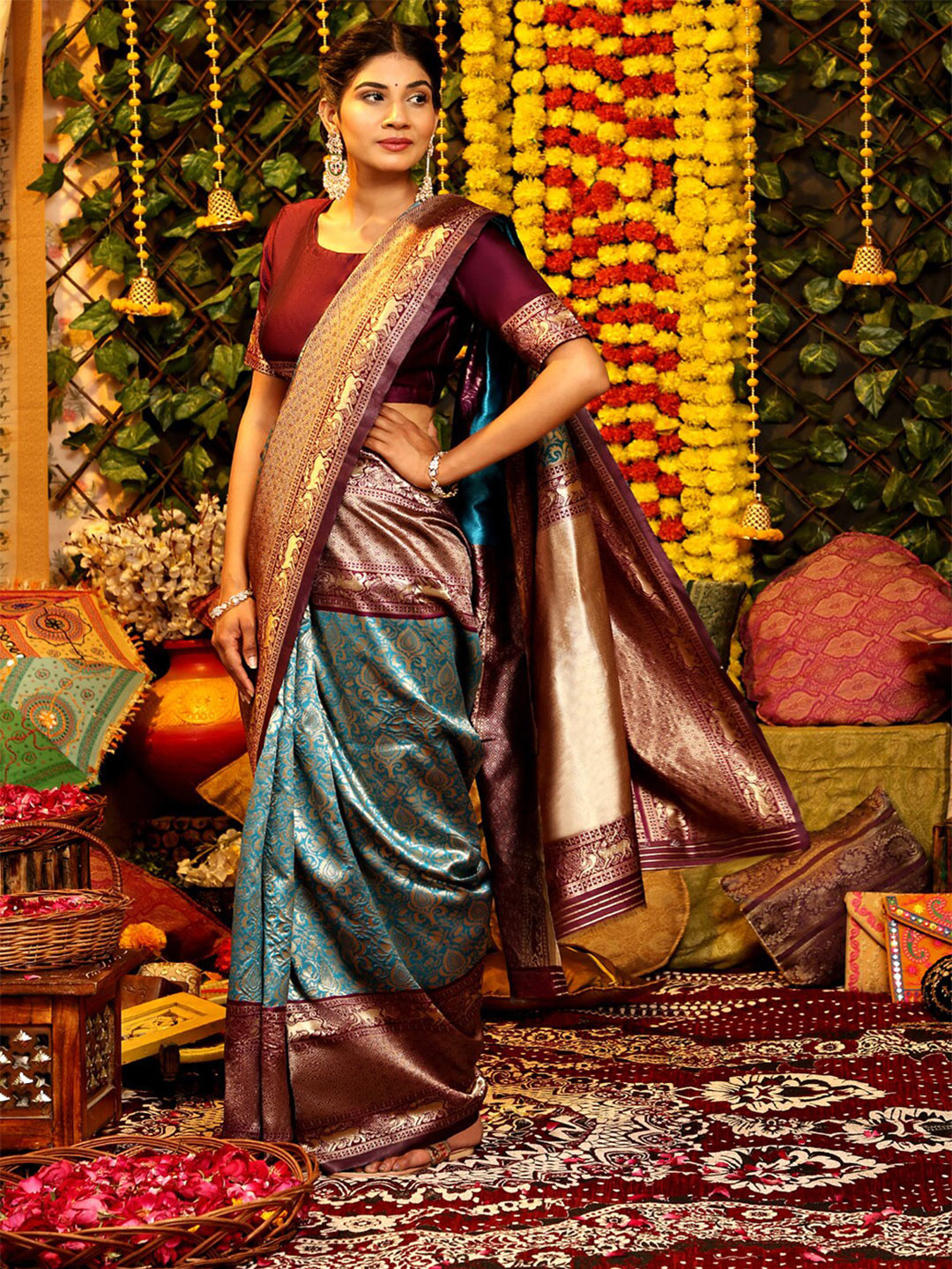 

Mitera Ethnic Motifs Woven Design Zari Kanjeevaram Saree, Teal