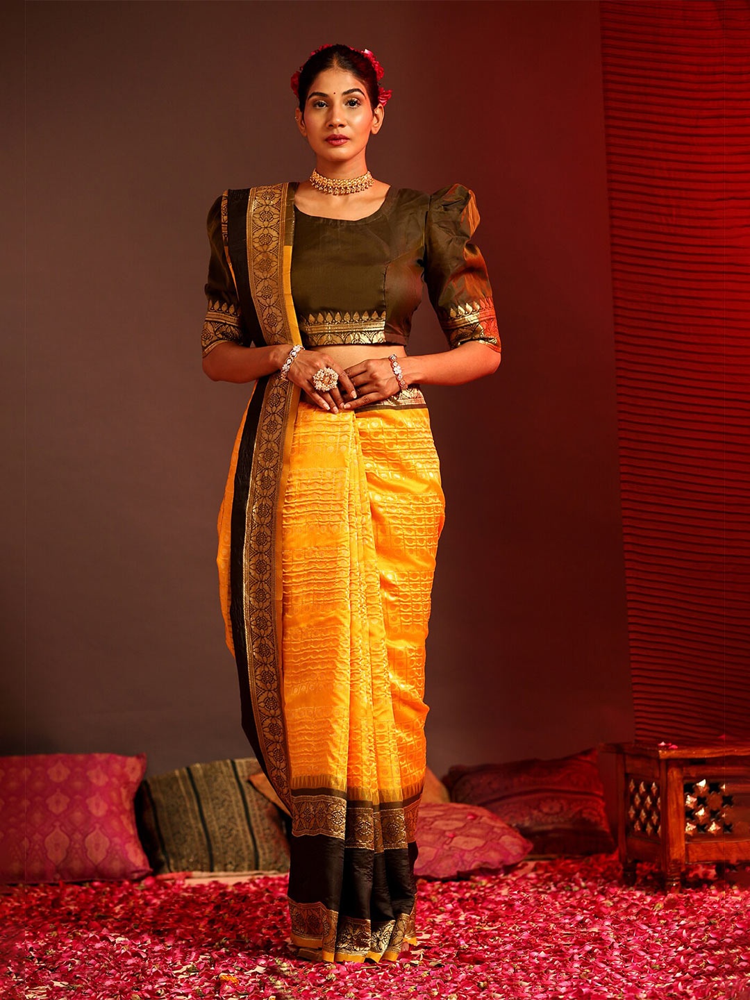 

Mitera Mustard & Black Ethnic Woven Design Zari Kanjeevaram Saree
