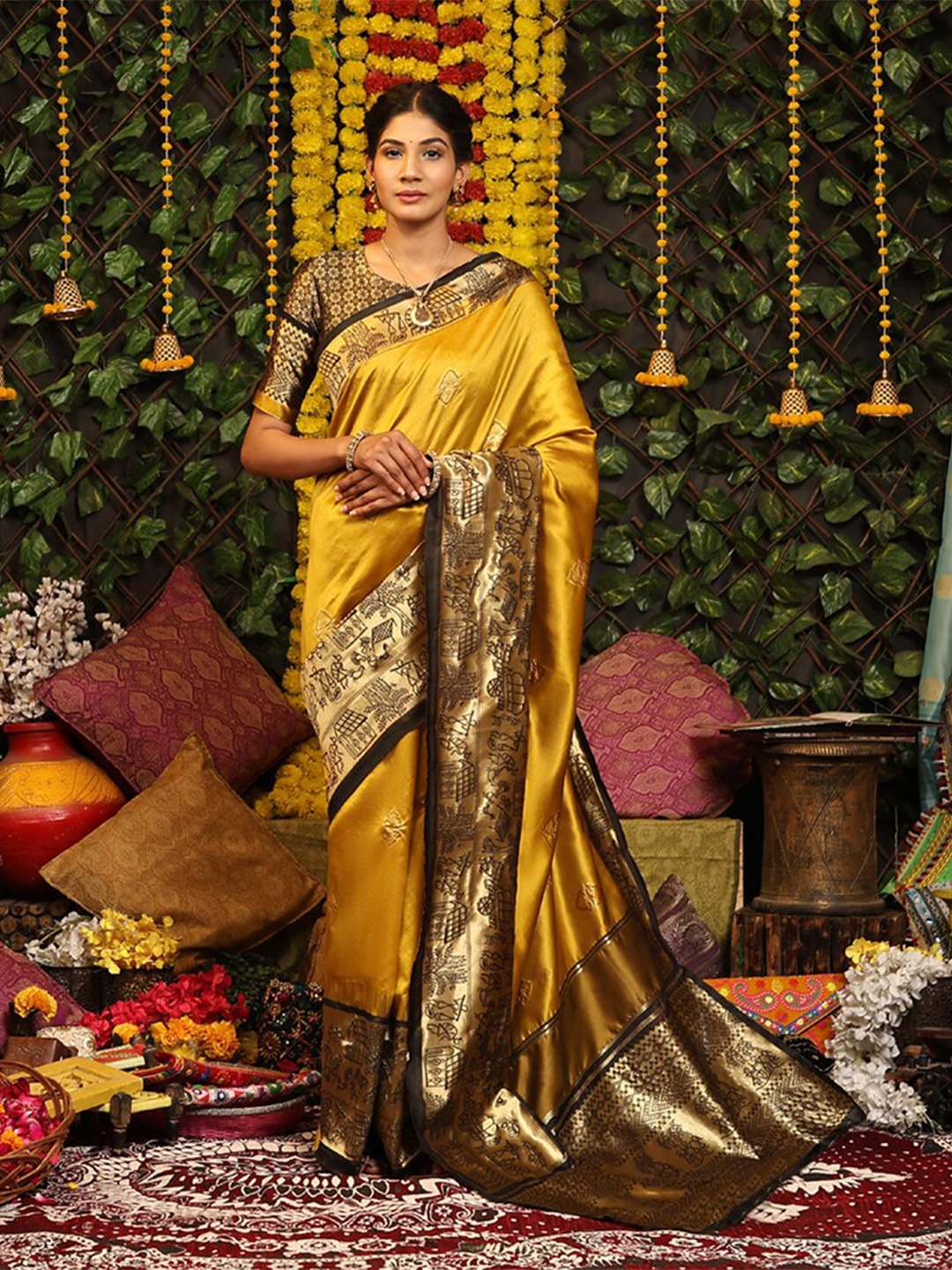 

Mitera Mustard & Black Ethnic Motifs Woven Design Zari Kanjeevaram Saree