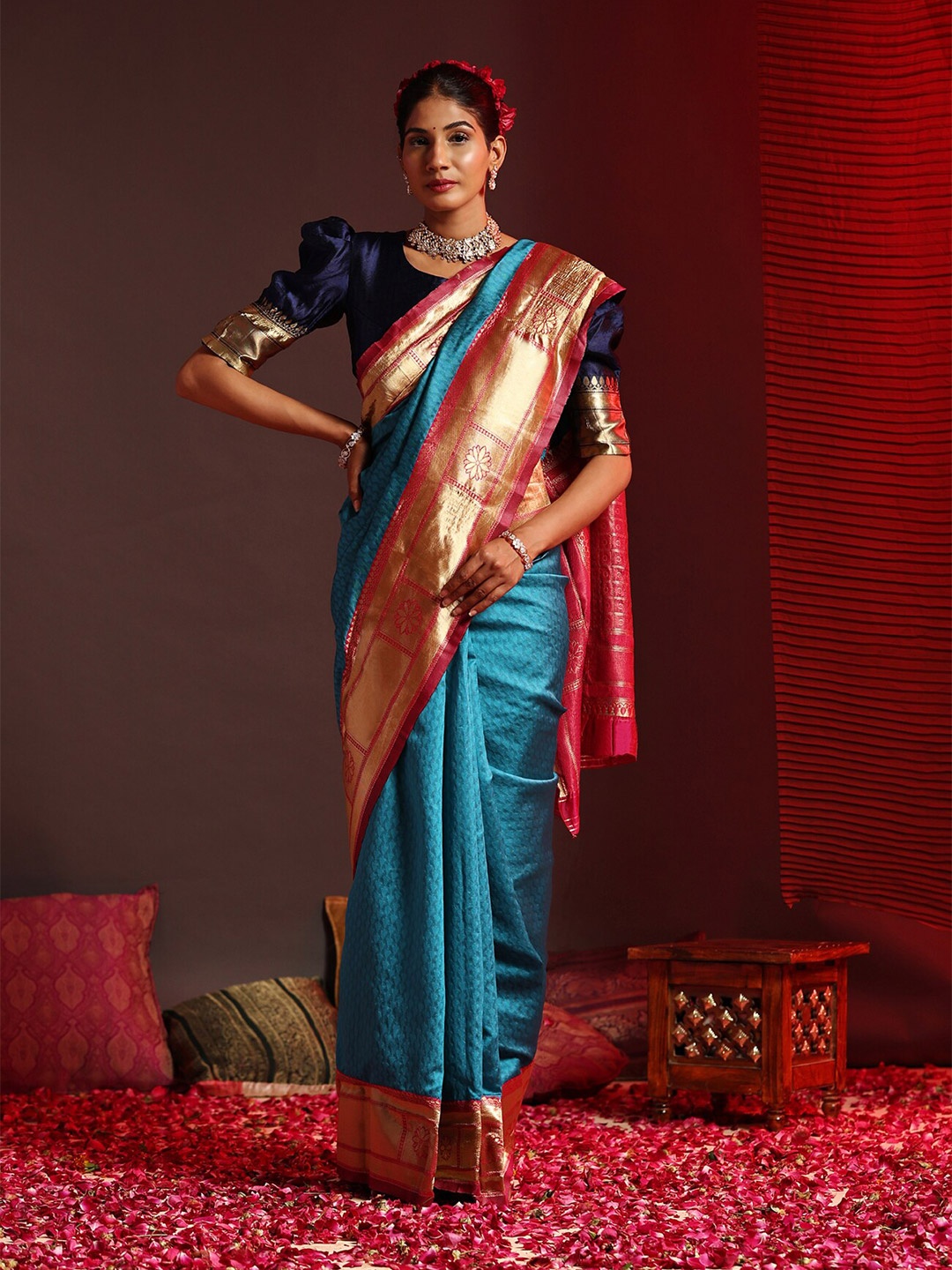 

Mitera Ethnic Motifs Woven Design Zari Banarasi Saree, Teal