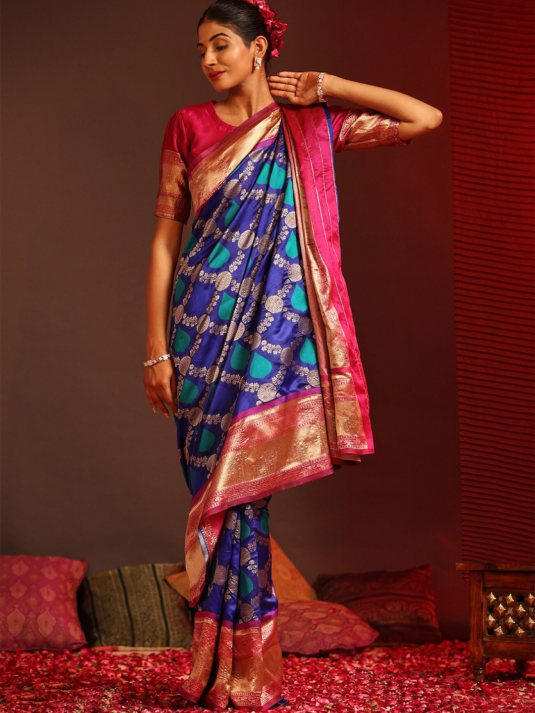

Mitera Blue & Red Floral Woven Design Zari Kanjeevaram Saree