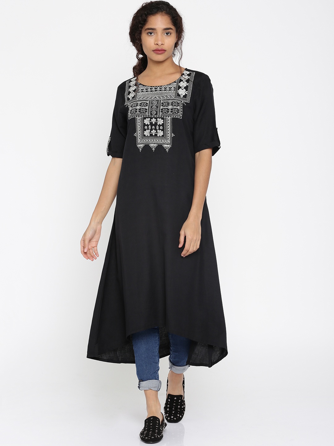 

Global Desi Women Black Yoke Design A-Line Kurta