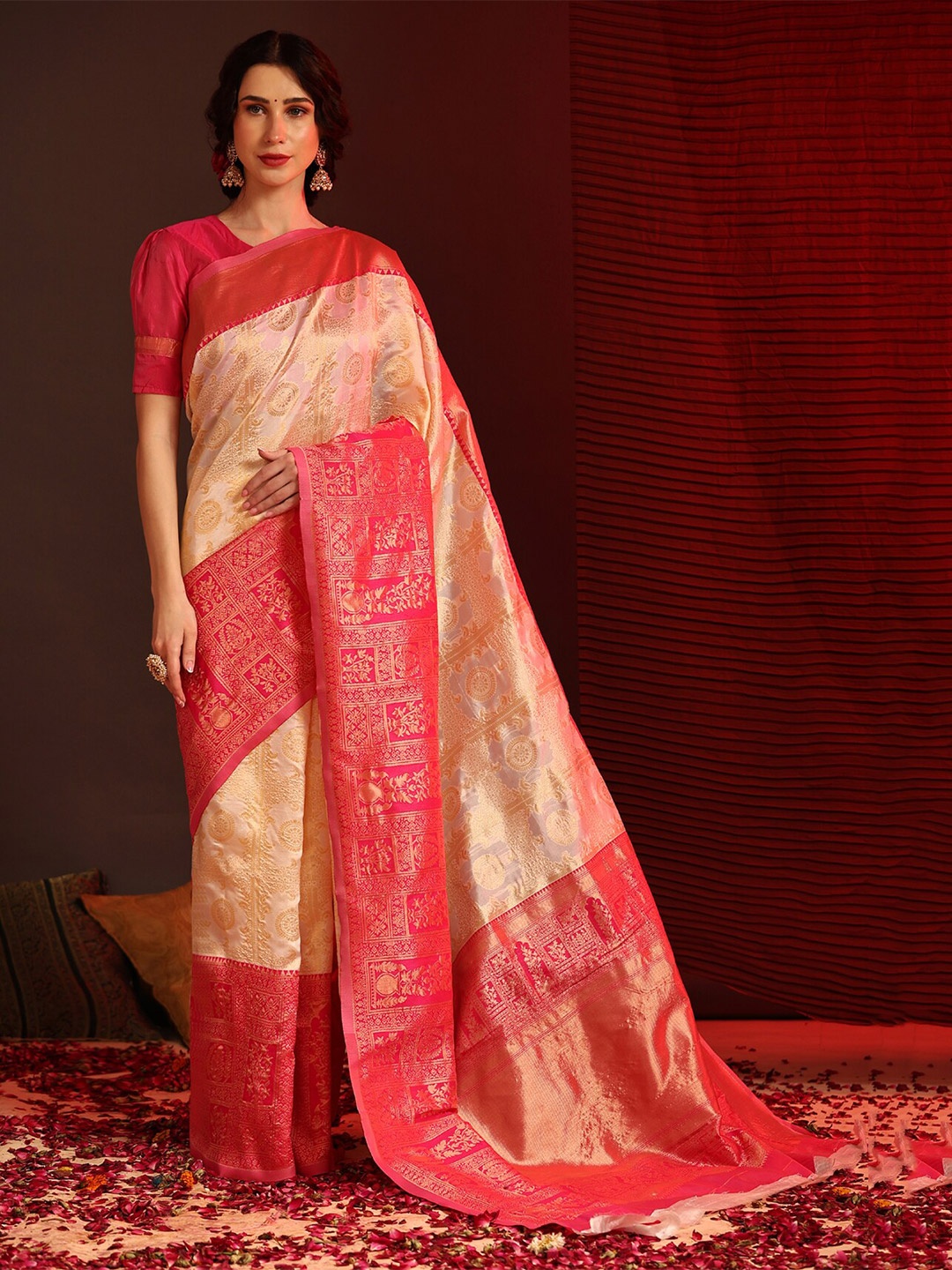 

Mitera Cream-Coloured & Red Ethnic Woven Design Zari Banarasi Saree