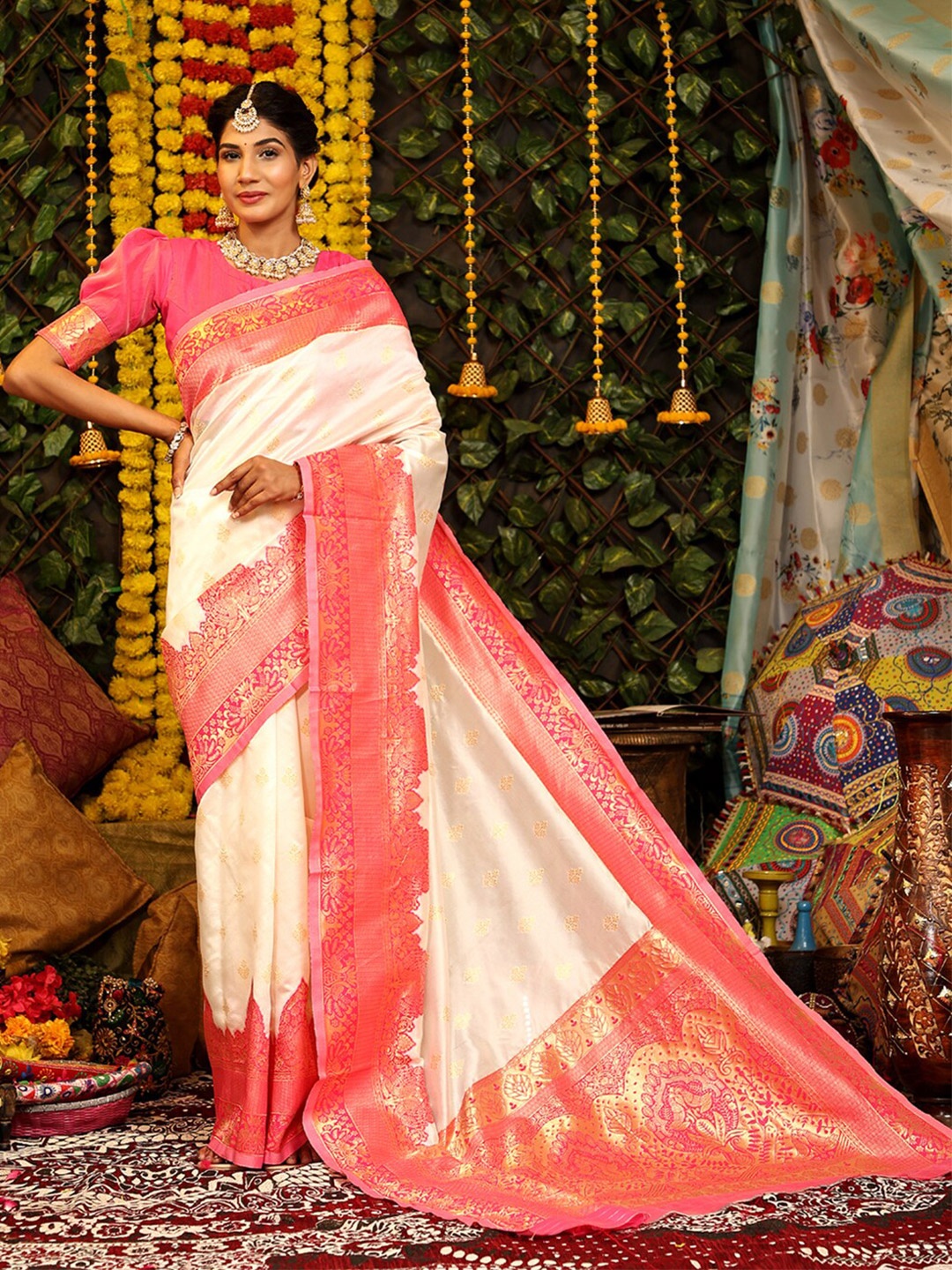 

Mitera White & Red Woven Design Zari Banarasi Saree