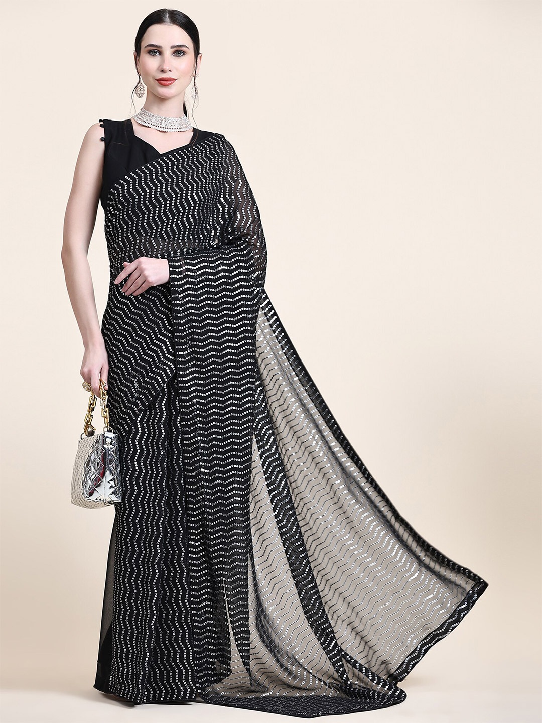 

Mitera Black Sequin Embelished Pure Georgette Saree