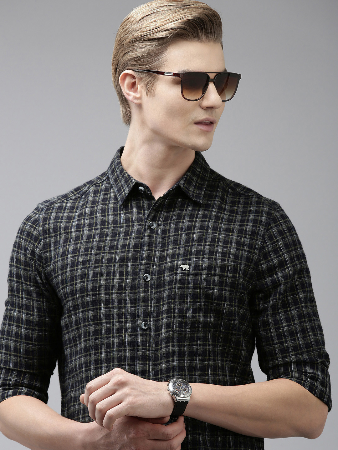 

THE BEAR HOUSE Men Slim Fit Checked Pure Cotton Flannel Shirt, Blue