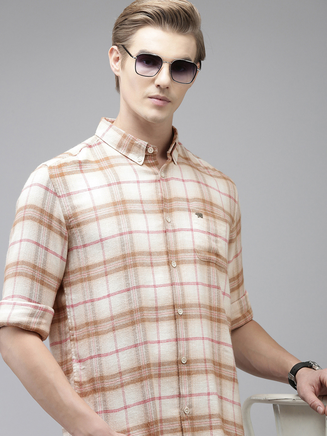 

THE BEAR HOUSE Men Slim Fit Checked Pure Cotton Flannel Shirt, Off white