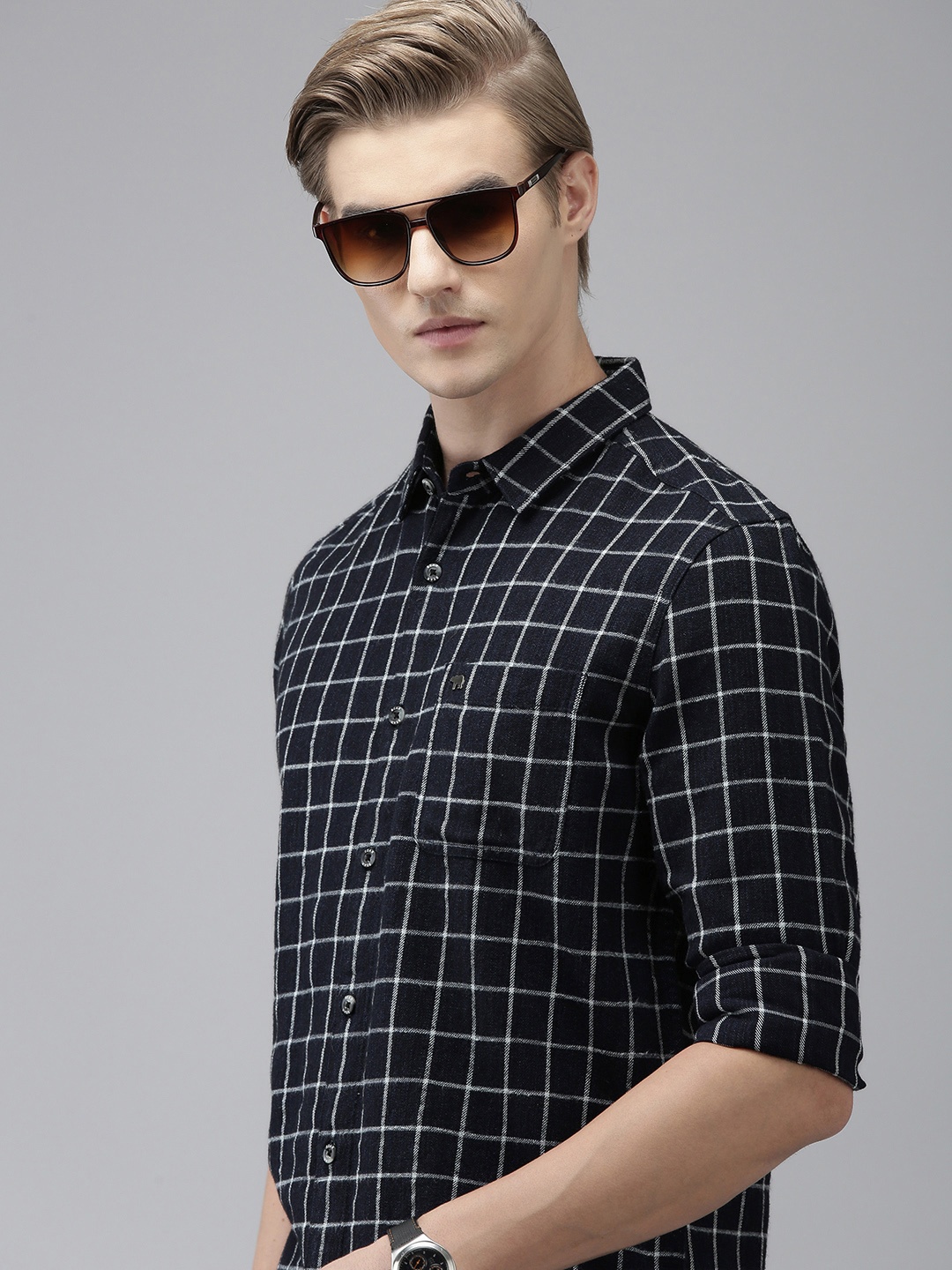 

THE BEAR HOUSE Men Slim Fit Checked Pure Cotton Flannel Casual Shirt, Navy blue