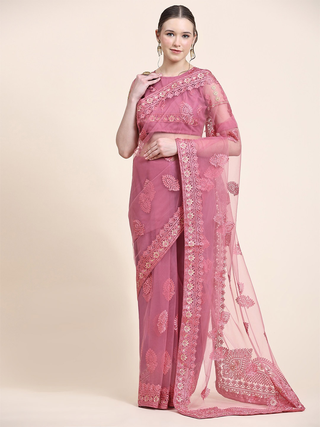 

Mitera Pink & Green Ethnic Motifs Embroidered Net Saree