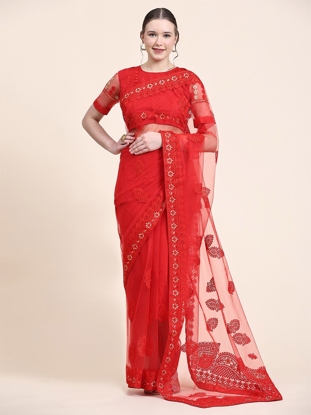 

Mitera Red Floral Embroidered Net Saree