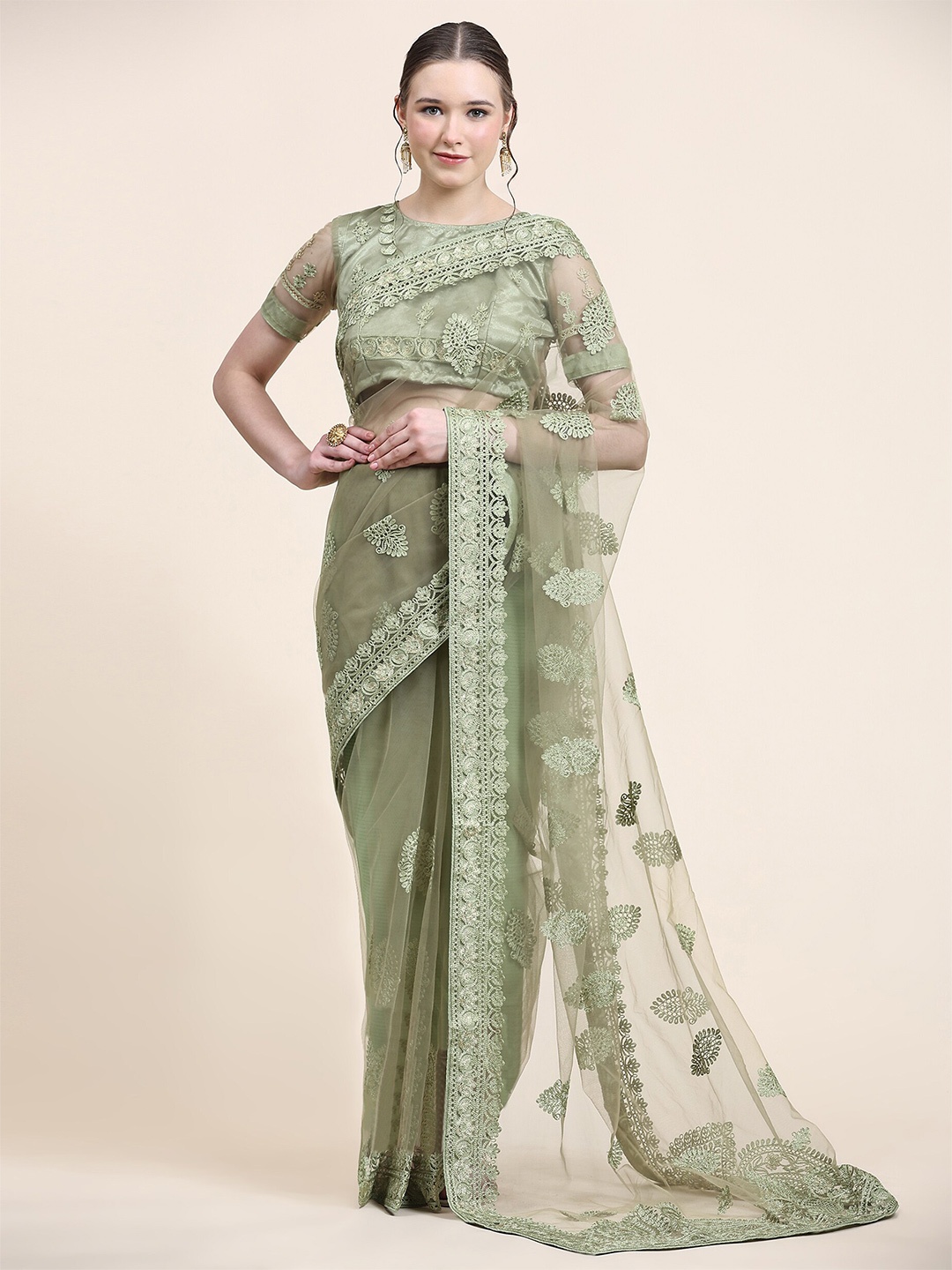 

Mitera Ethnic Motifs Embroidered Net Heavy Work Saree, Green
