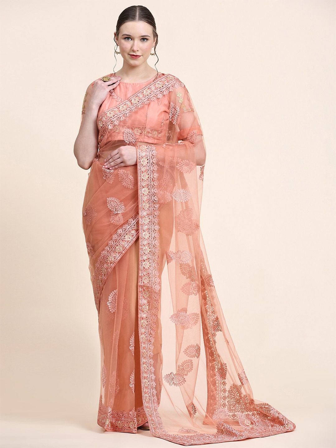 

Mitera Orange Ethnic Motifs Embroidered Net Saree