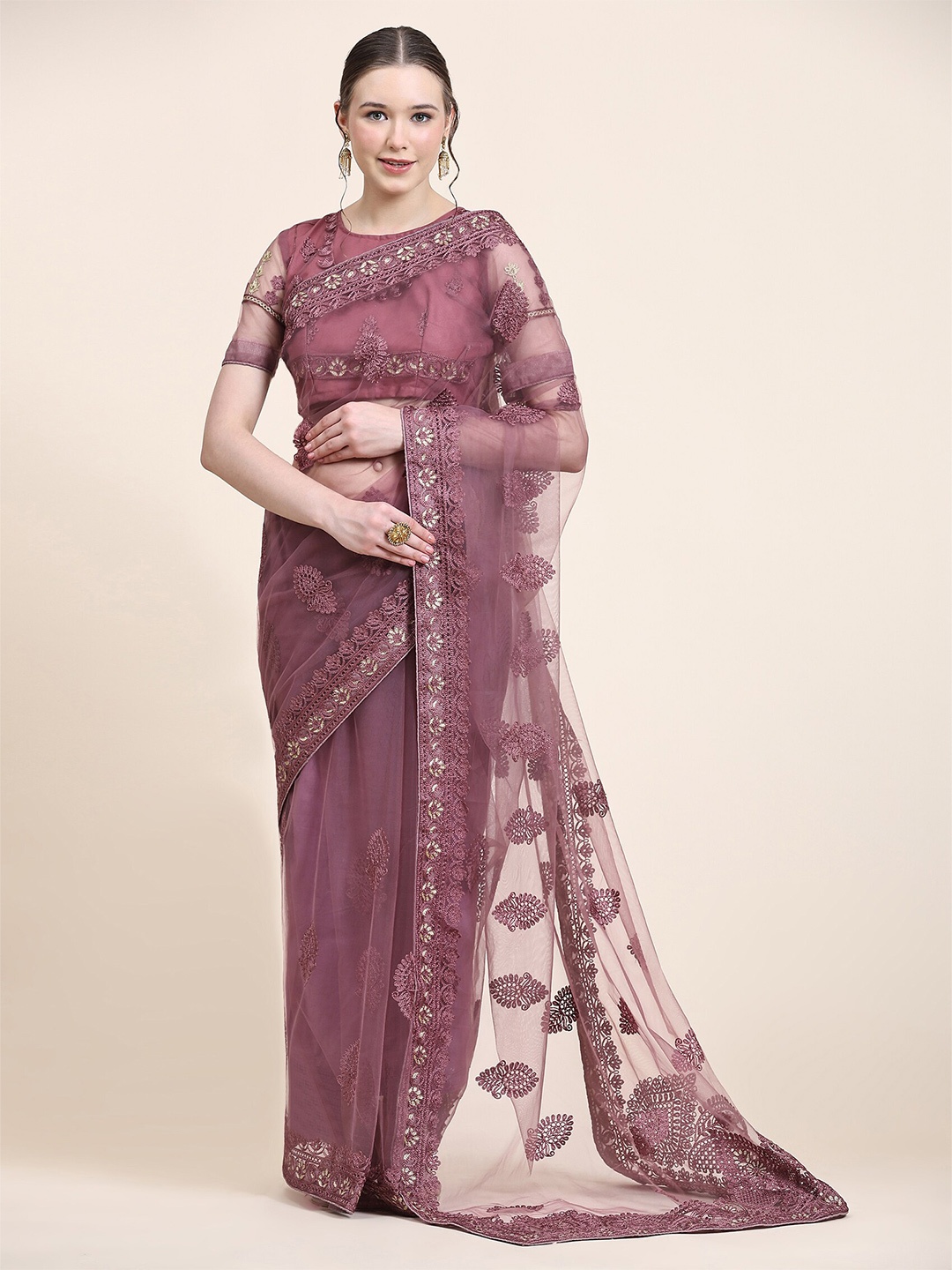 

Mitera Ethnic Motifs Embroidered Net Saree, Mauve