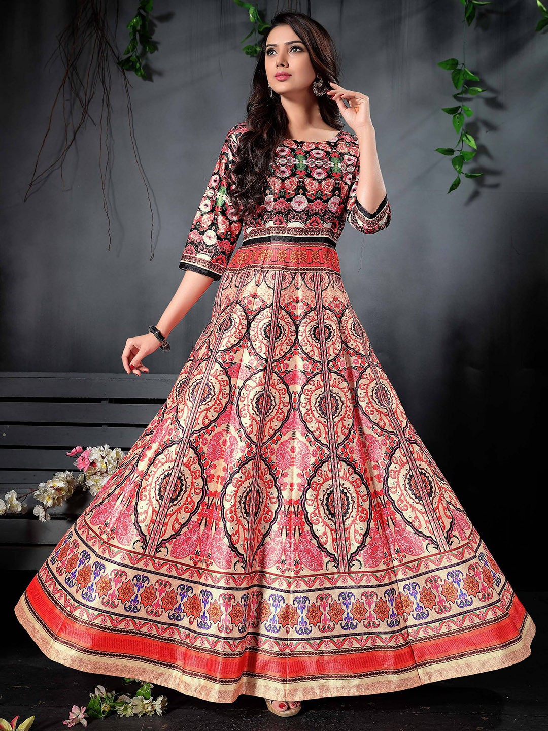 

Zeel Clothing Floral Printed Art Silk Ethnic Gown, Red