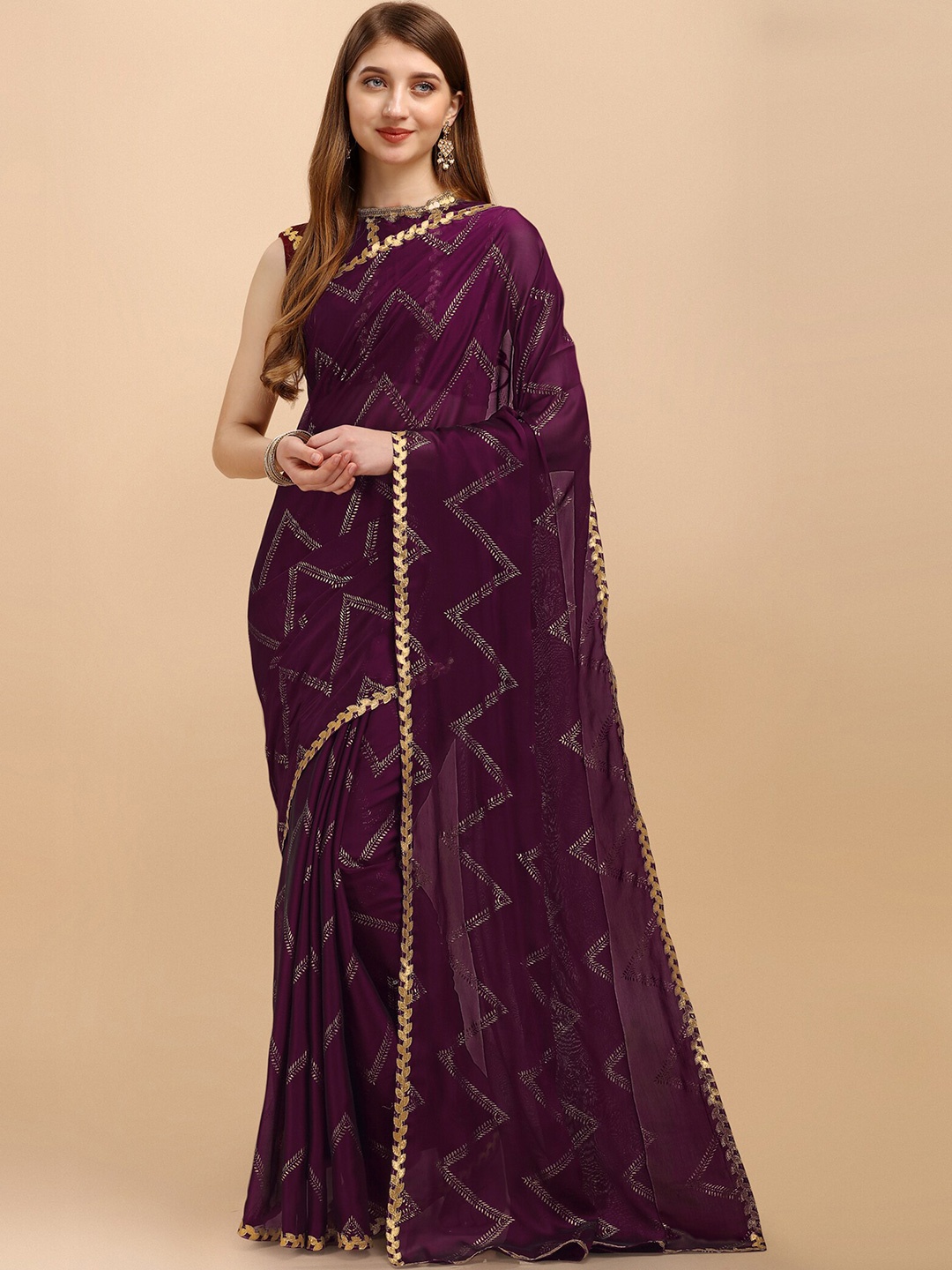 

Mitera Purple & Gold-Toned Floral Printed Silk Cotton Saree