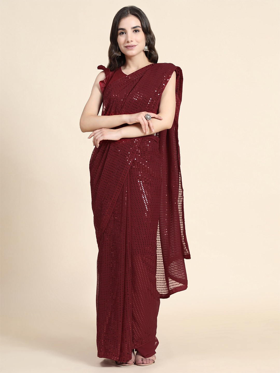 

Mitera Maroon Embellished Sequinned Pure Georgette Saree