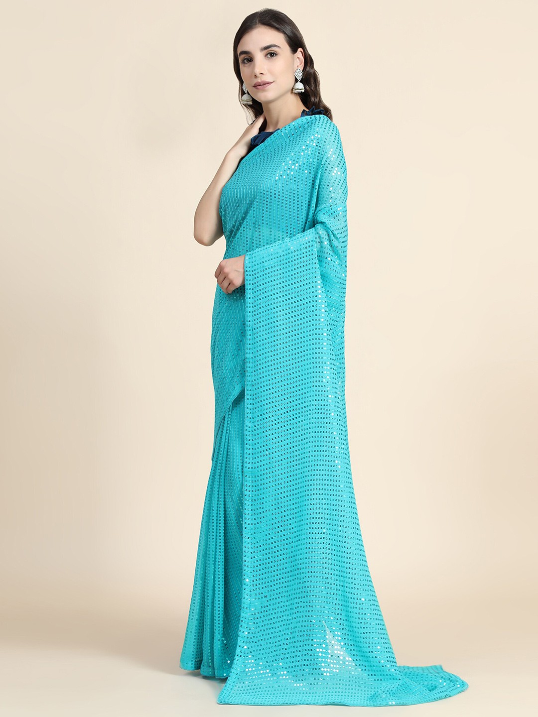 

Mitera Turquoise Blue Embellished Sequinned Pure Georgette Saree